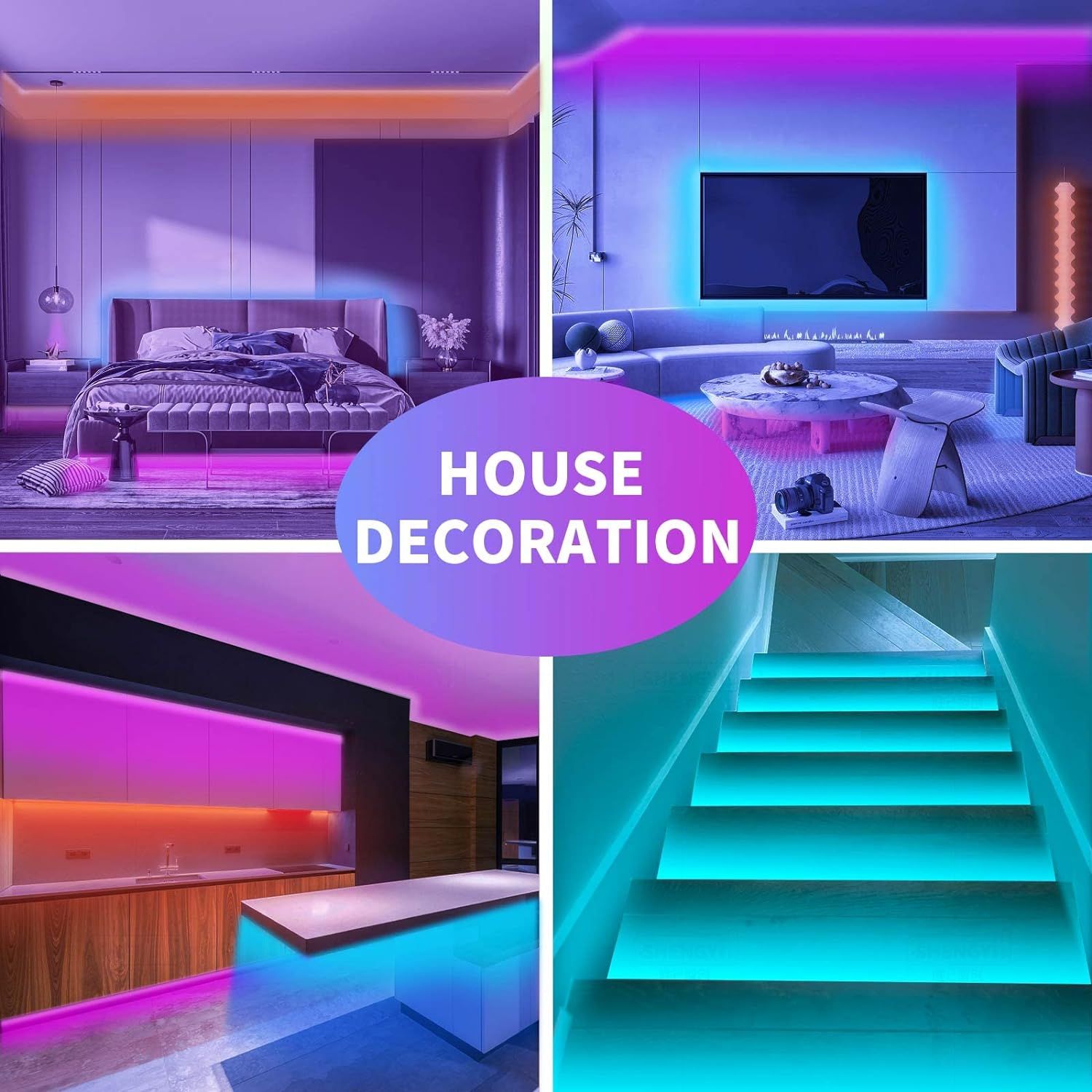 Demonstrates the versatility of LED lighting strips across multiple home environments (bedroom, living room, kitchen, stairway) to show shoppers the wide range of decorative applications possible.