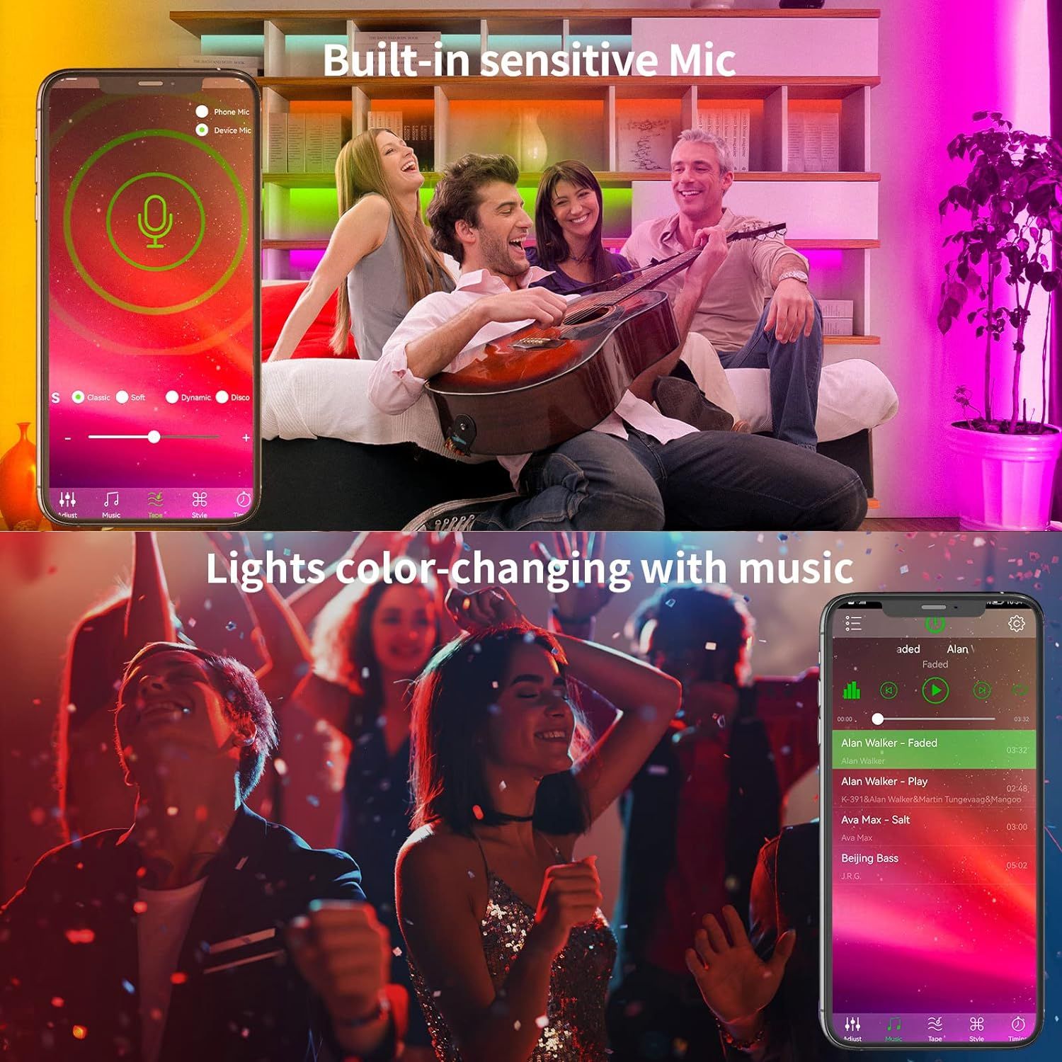 Showcases two distinct smart features of the product: the built-in microphone for voice control and the music-reactive color-changing lights, demonstrating versatility and entertainment value.