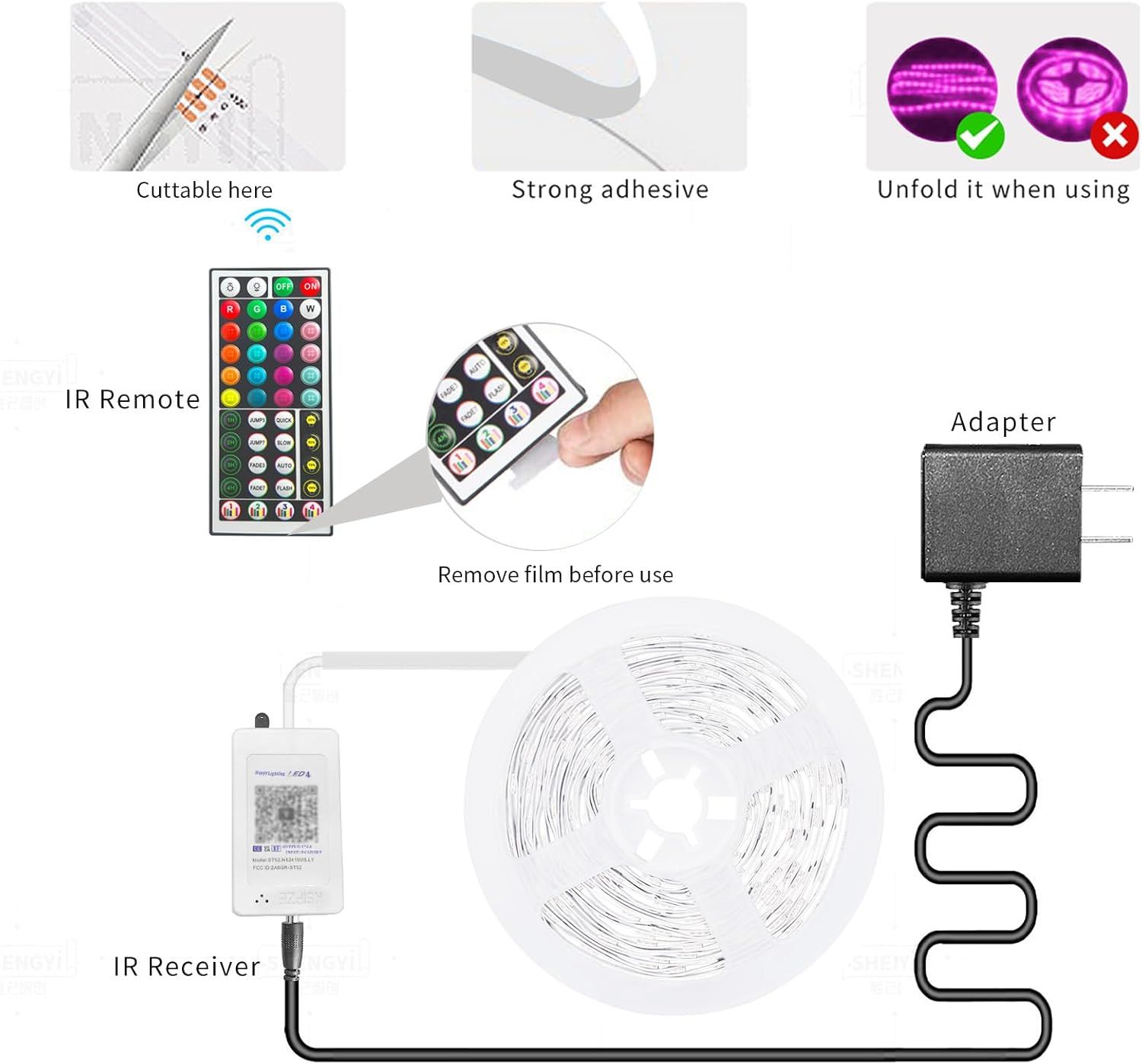 Shows all the components included in the LED strip light package (strip, remote, receiver, adapter) and provides visual setup instructions to help shoppers understand what they'll receive and how to…
