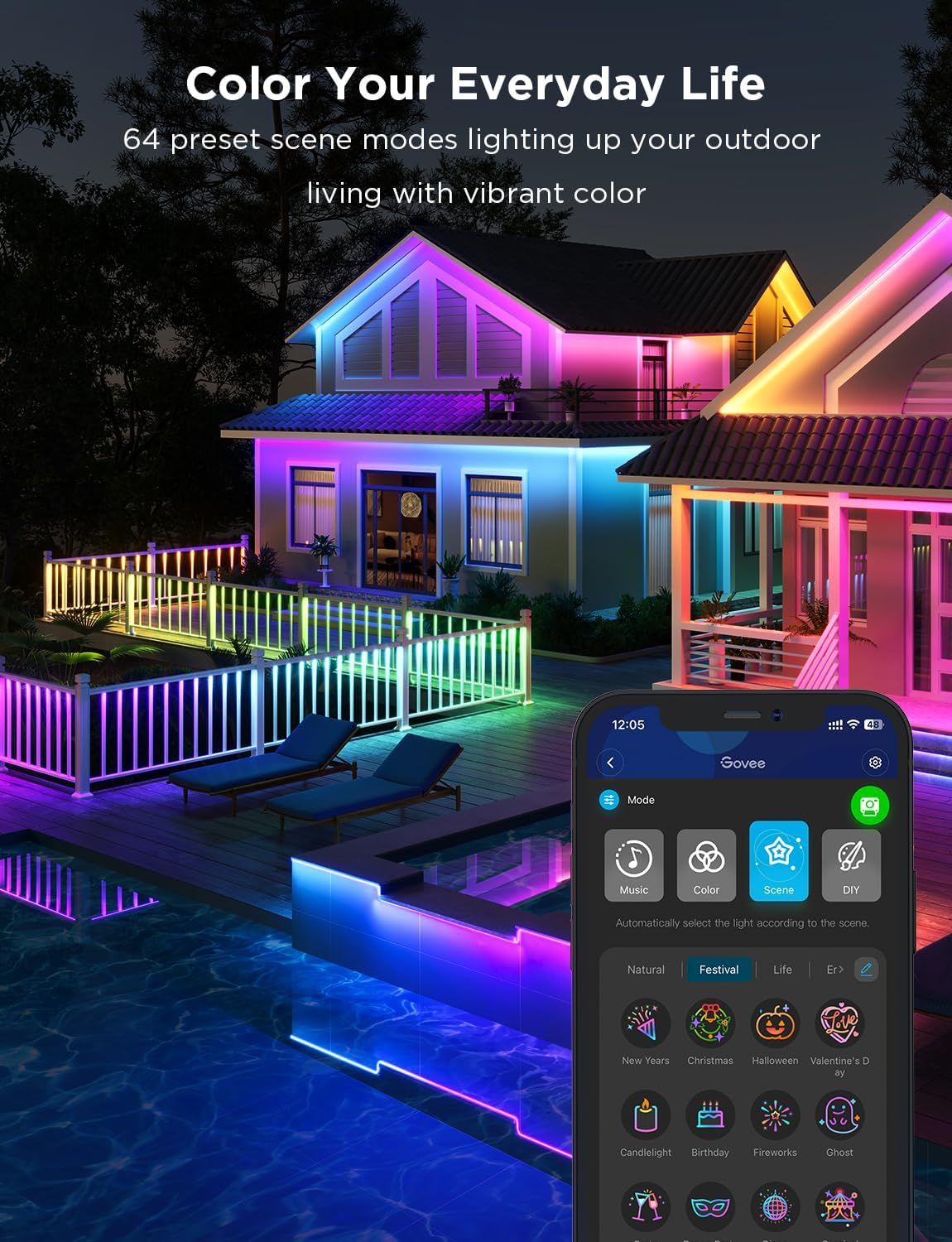 Demonstrates the product's ability to transform outdoor living spaces with customizable, vibrant RGB lighting across 64 preset scene modes, emphasizing versatility and aesthetic appeal.