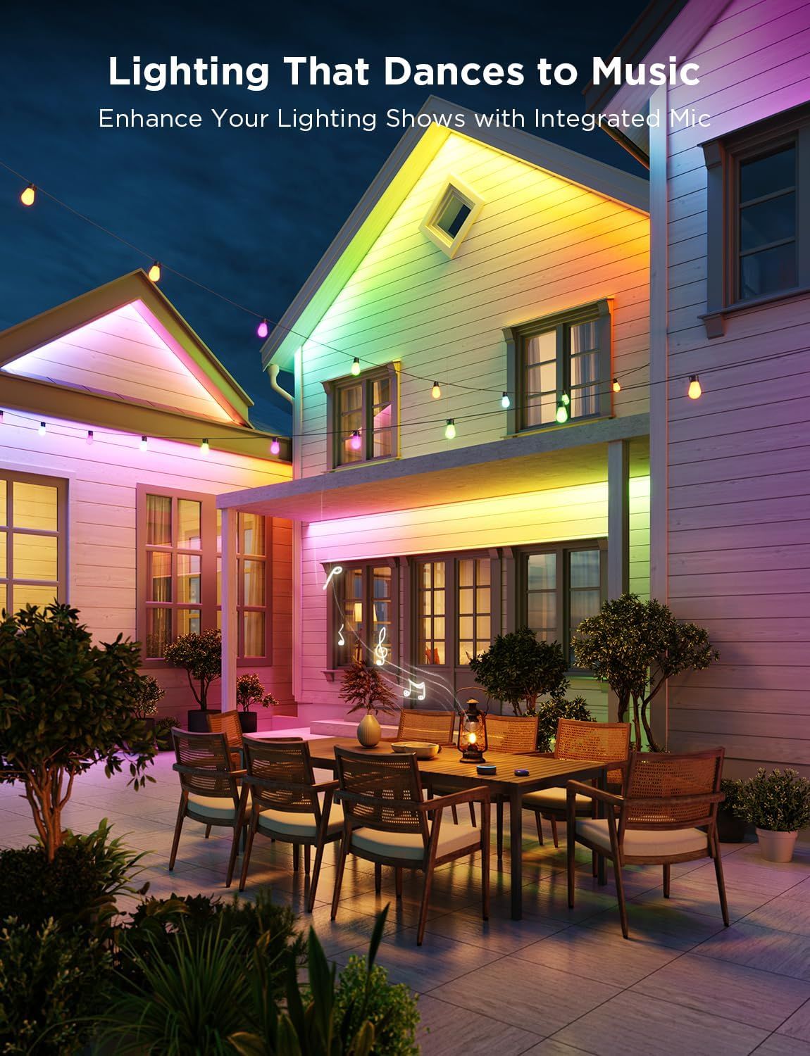 Communicates that the lighting system can synchronize with music to create dynamic light shows, appealing to shoppers looking for smart, entertaining outdoor lighting features.