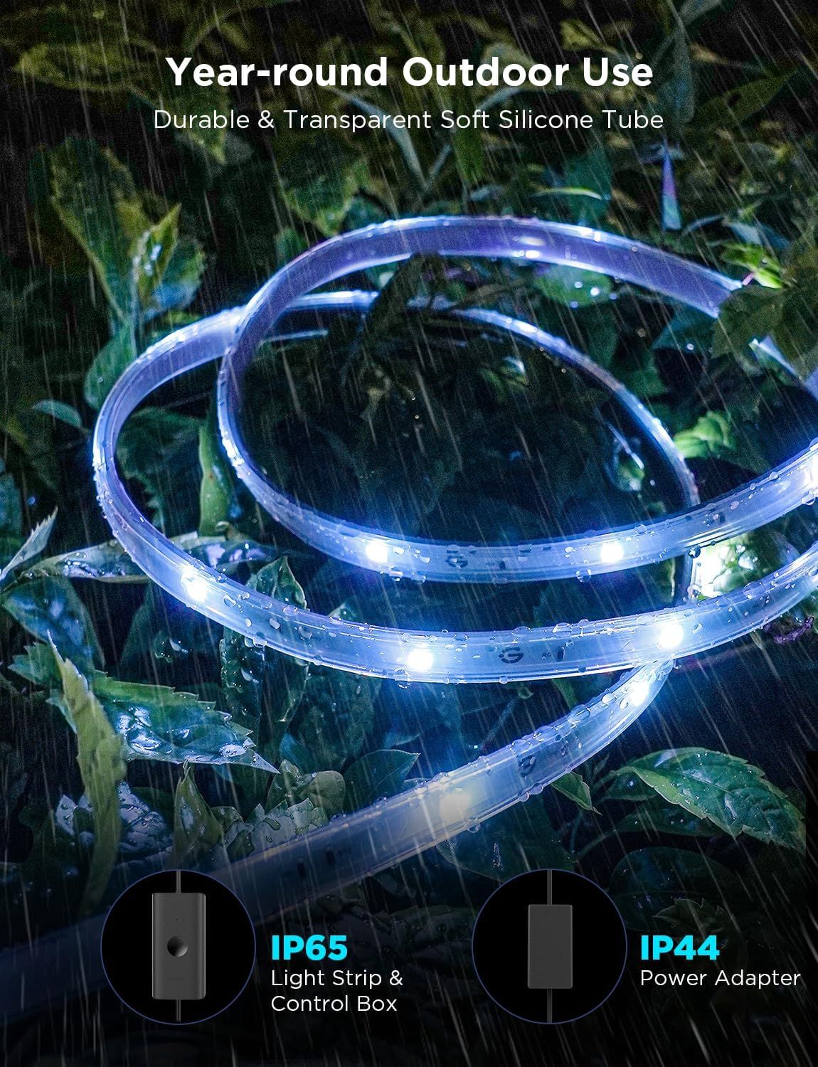 Communicates that the LED light strip is weatherproof and safe for year-round outdoor use in rain and harsh conditions, reassuring shoppers about durability and reliability. Highlights the product's…