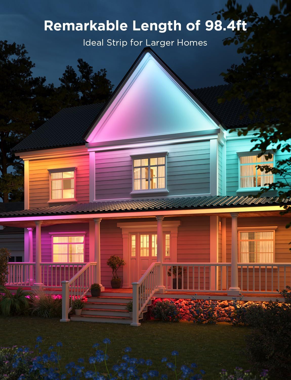 Communicates the impressive length specification of the LED light strip to show it can cover large homes and extensive areas. Demonstrates the product's ability to illuminate an entire large home…