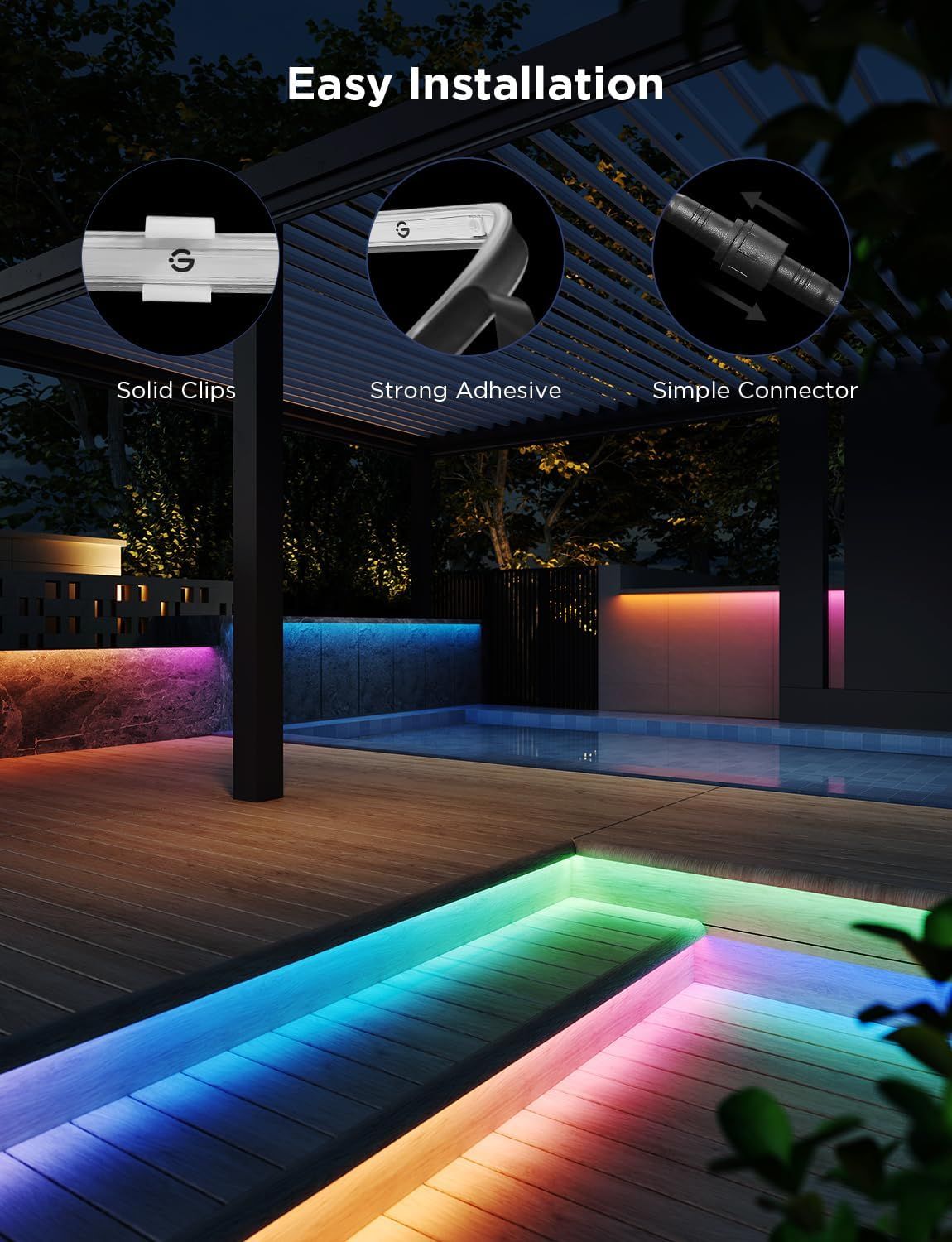 Demonstrates the three key installation features of the solar lighting product to reassure shoppers that setup is straightforward and requires no professional help.