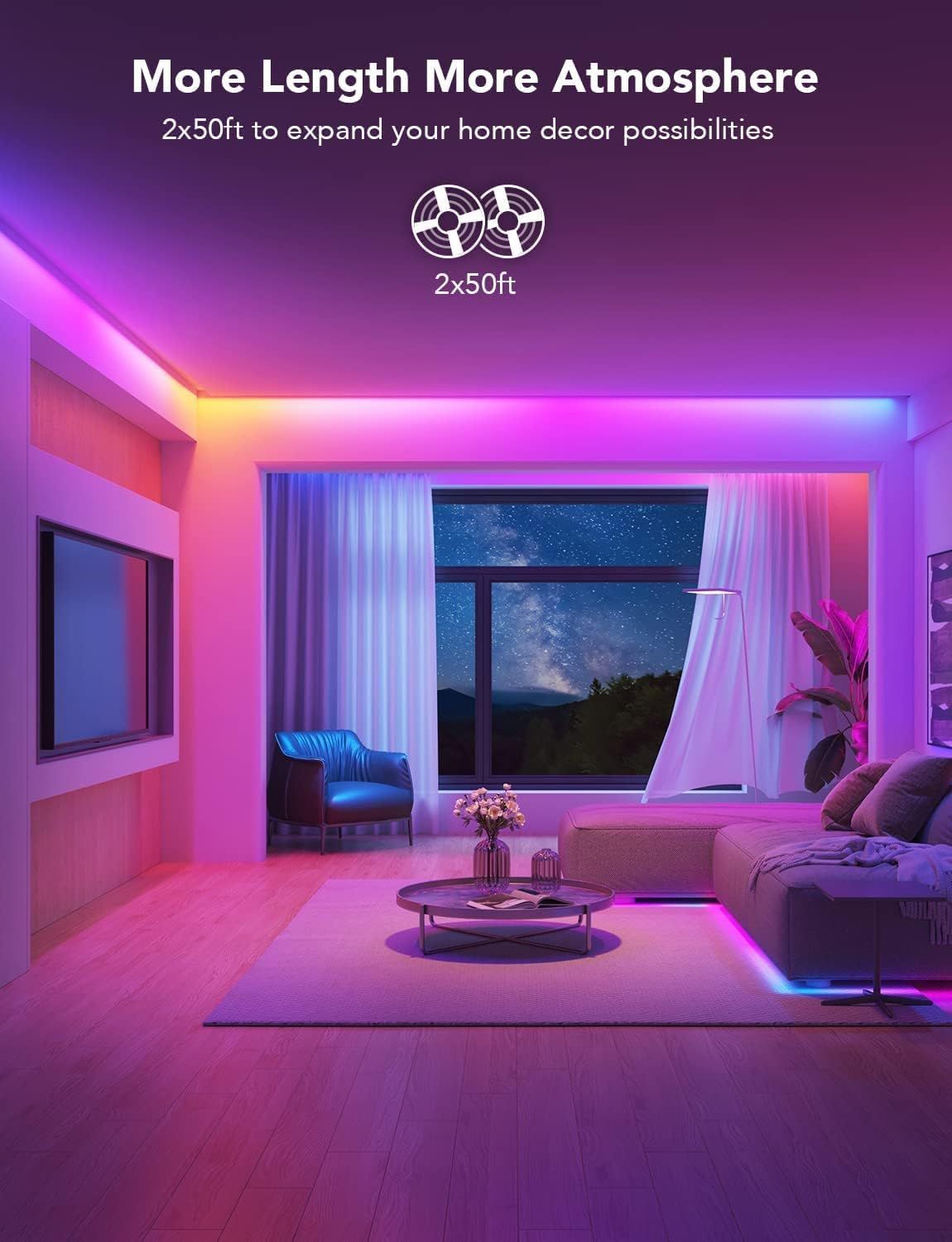 Communicates the total length of LED strip lights included (100ft total) to show shoppers they can cover large areas and create extensive home lighting designs. Showcases the product in a real…