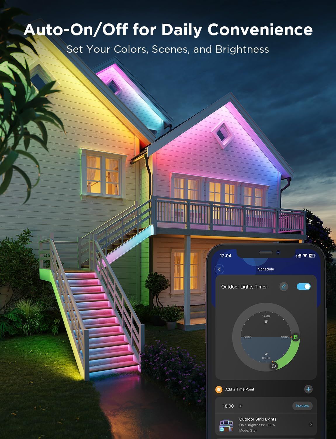 Demonstrates the convenience of automated scheduling and customization features for smart outdoor lighting, reassuring shoppers that they can set it and forget it while enjoying personalized…
