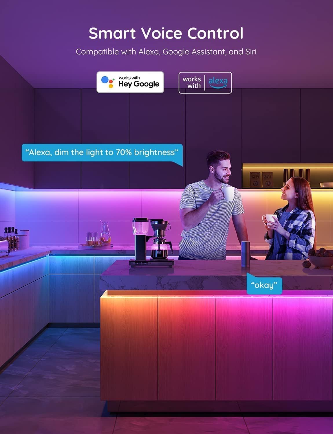 Demonstrates how to use voice commands to control the product, showing shoppers the ease of smart home integration with Alexa, Google Assistant, and Siri. Shows compatibility with multiple voice…