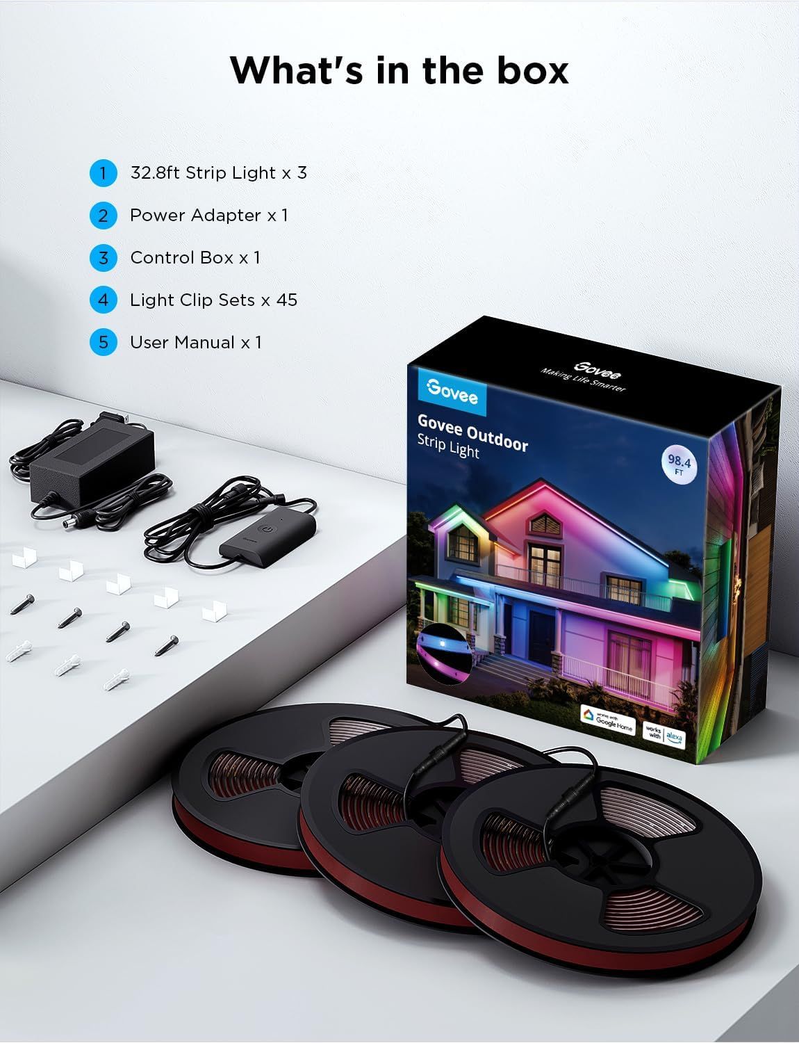 Shows everything included in the package to reassure shoppers they're getting a complete outdoor strip light kit with all necessary components and accessories.