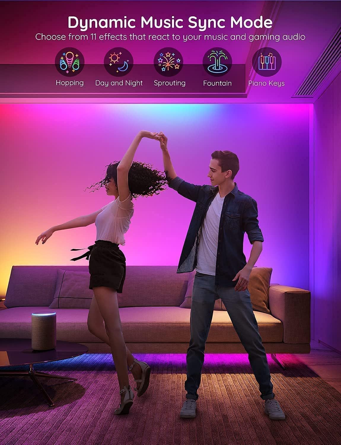Demonstrates the product's multiple lighting effect modes that sync with music and gaming audio, showing versatility and entertainment value in a real-world lifestyle setting. Shows the product…