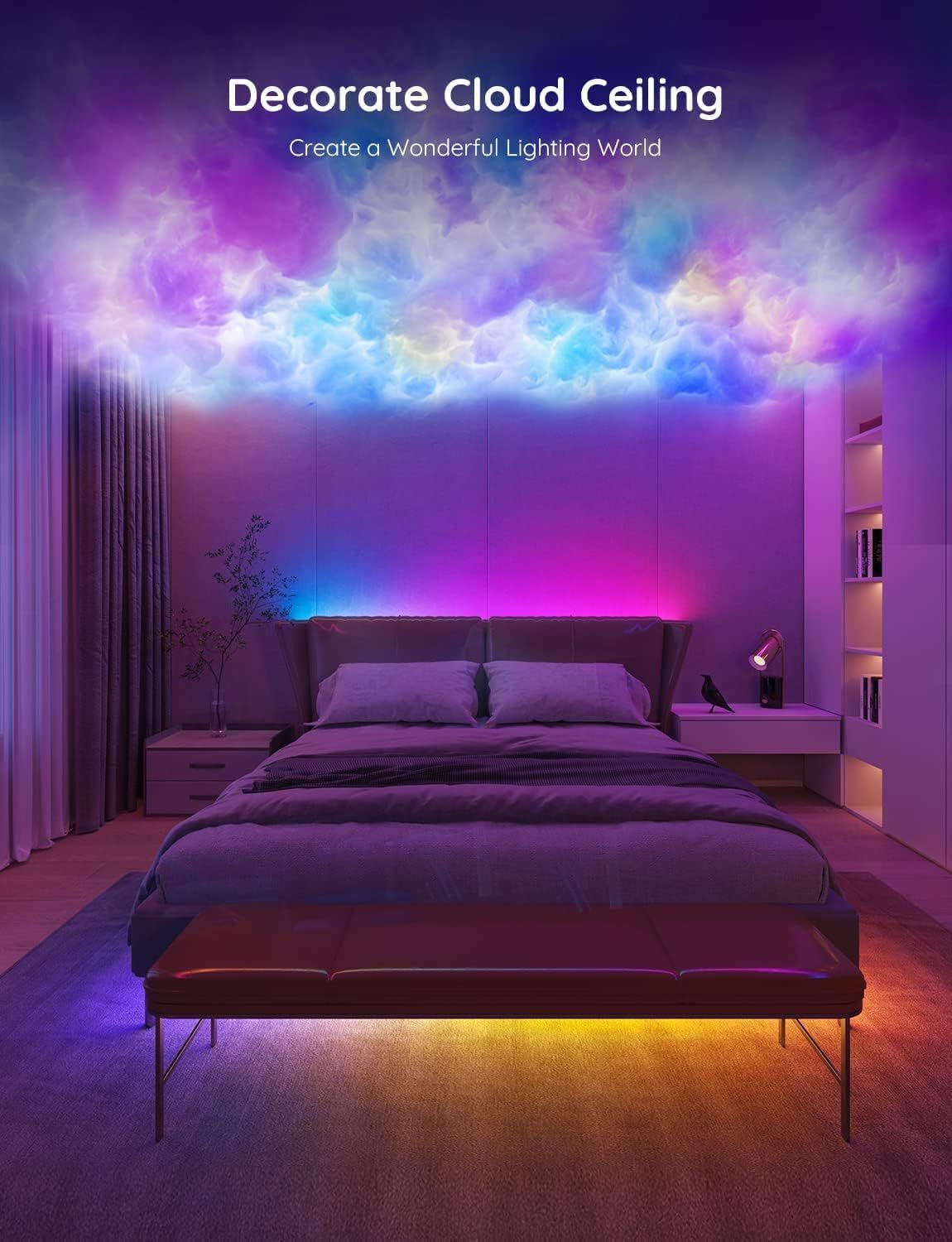 Showcases the product in a real bedroom setting to demonstrate the atmospheric and decorative lighting effect it creates, helping shoppers visualize how it transforms their space.