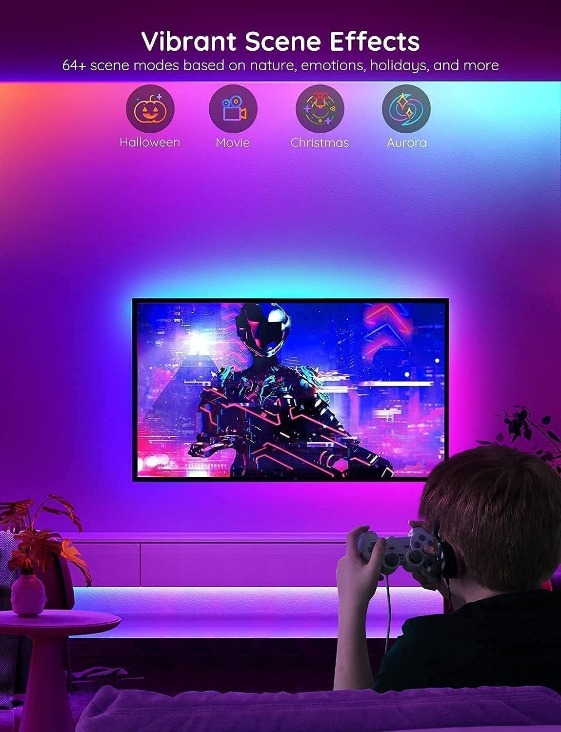 Demonstrates the product's versatile scene mode options (64+ modes including Halloween, Movie, Christmas, Aurora) to show shoppers the variety of customizable lighting effects available for…