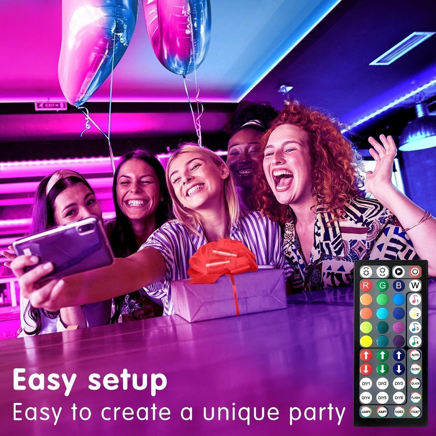 Communicates that the product (LED lighting system with remote control) is easy to set up and use for creating party atmospheres, reassuring shoppers that they can quickly create unique lighting…
