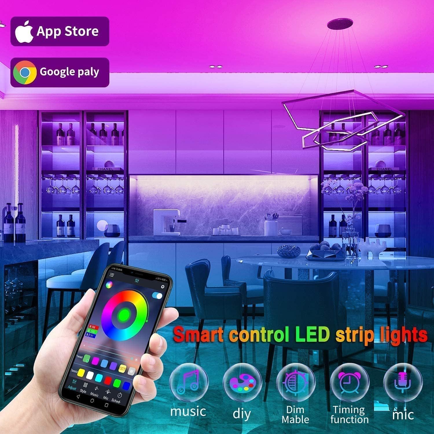 Showcases multiple smart control features of the LED strip lights, including music sync, DIY color customization, dimming, timing, and mic control, to demonstrate the product's versatility and…