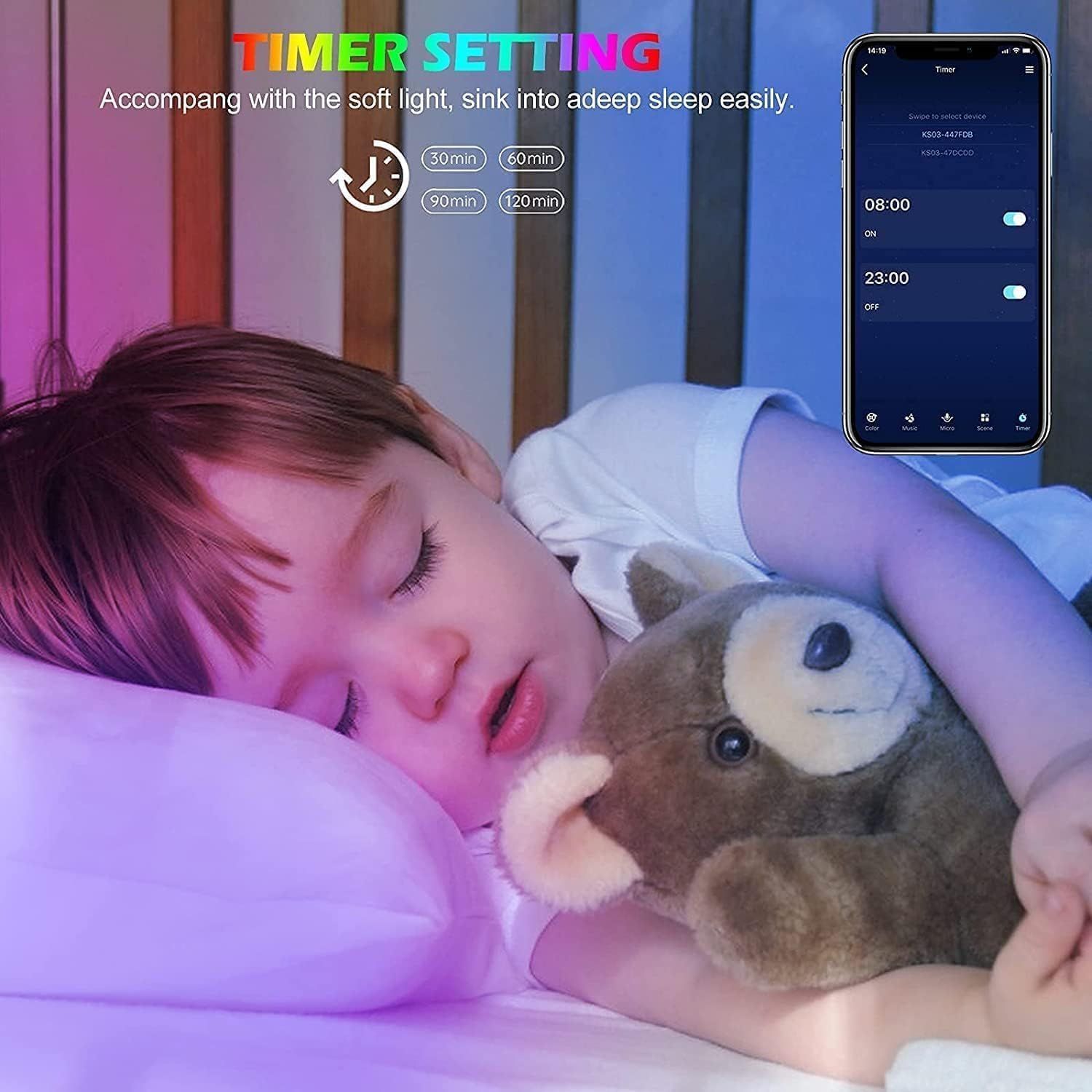 Demonstrates the product's timer functionality with soft light feature to help children fall asleep easily, reassuring parents of its sleep-friendly design.