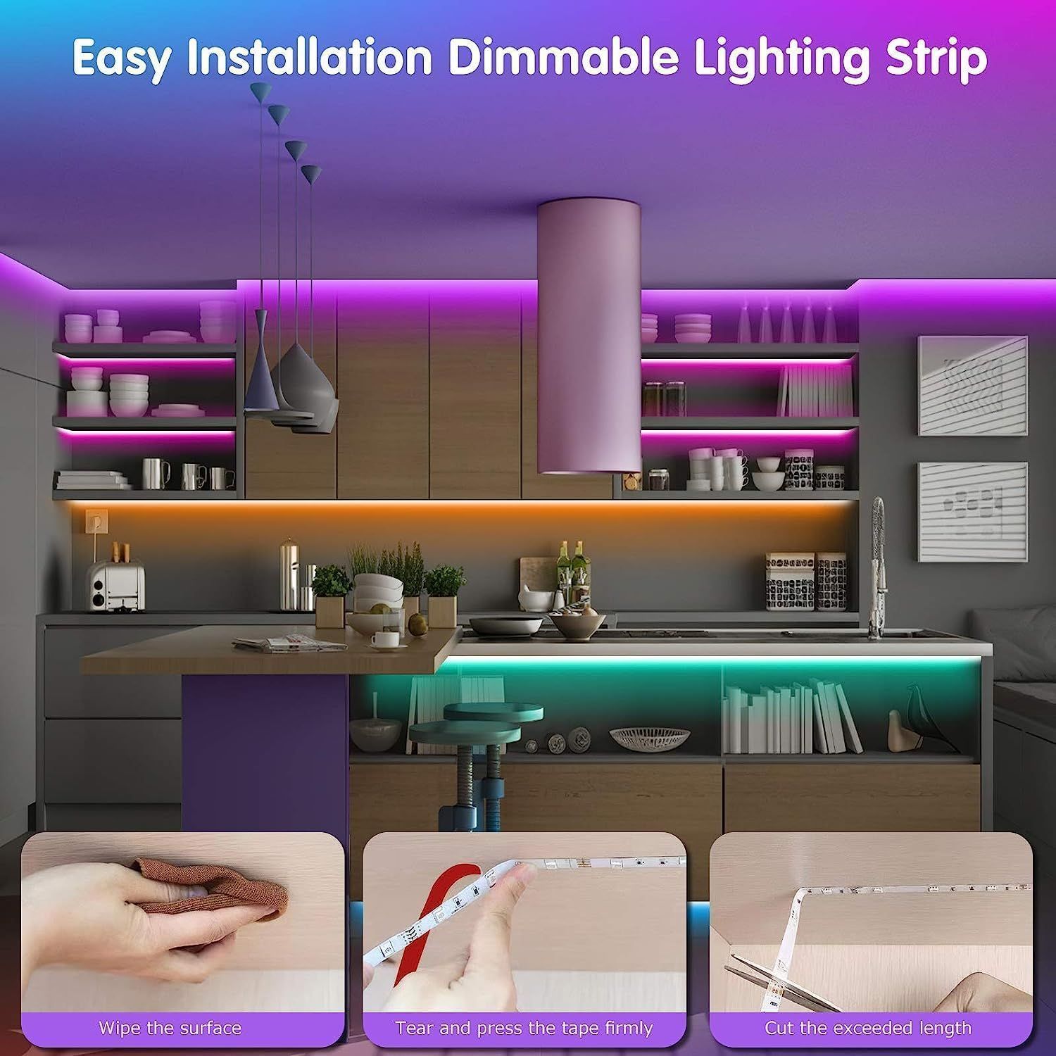 Demonstrates the simple 3-step installation process for the LED lighting strip to reassure shoppers that setup is quick and requires no special tools or expertise. Shows the versatile lighting…
