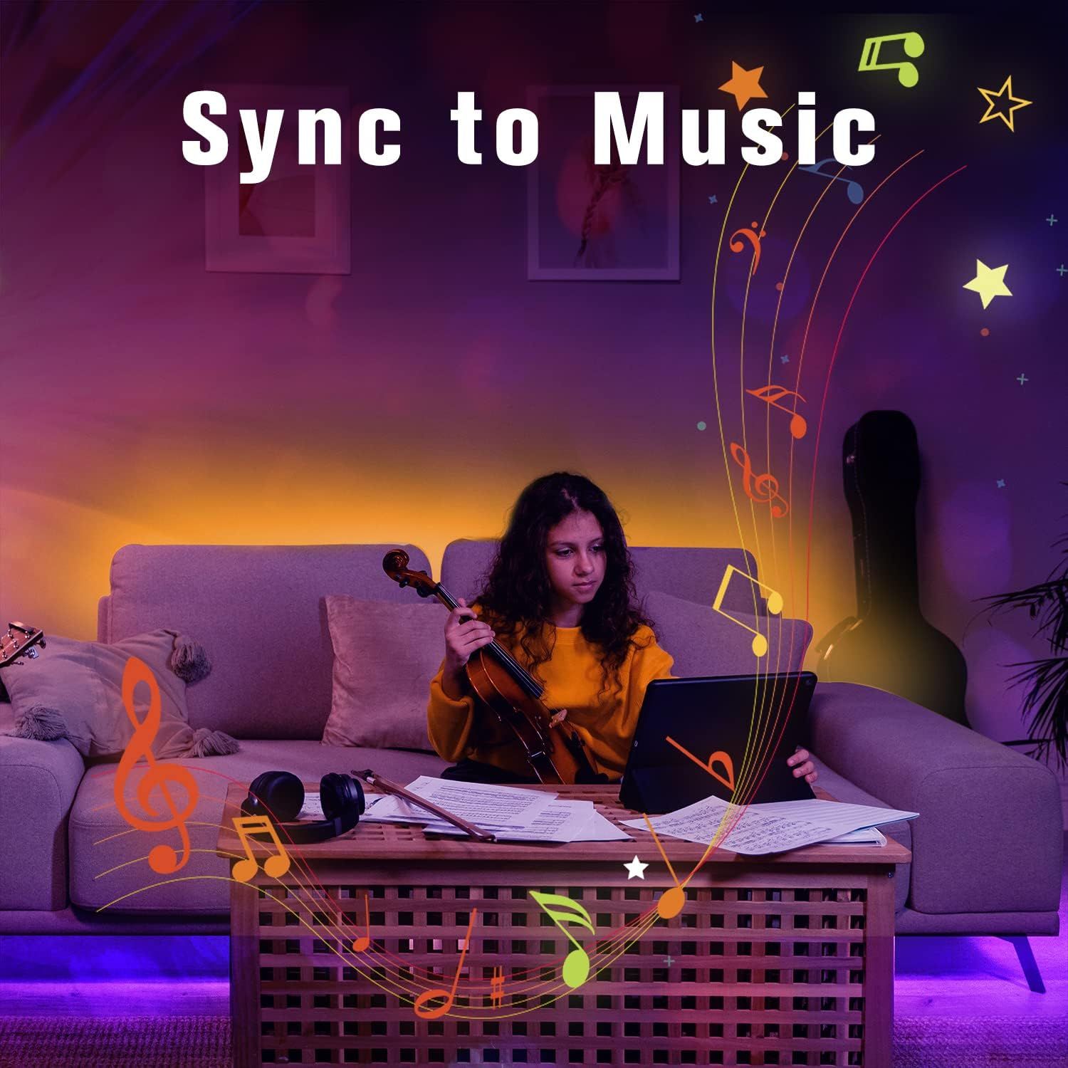 Communicates that the product can sync to music, appealing to musicians and music enthusiasts by showing a real-world use case of practicing with synchronized lighting or app features.