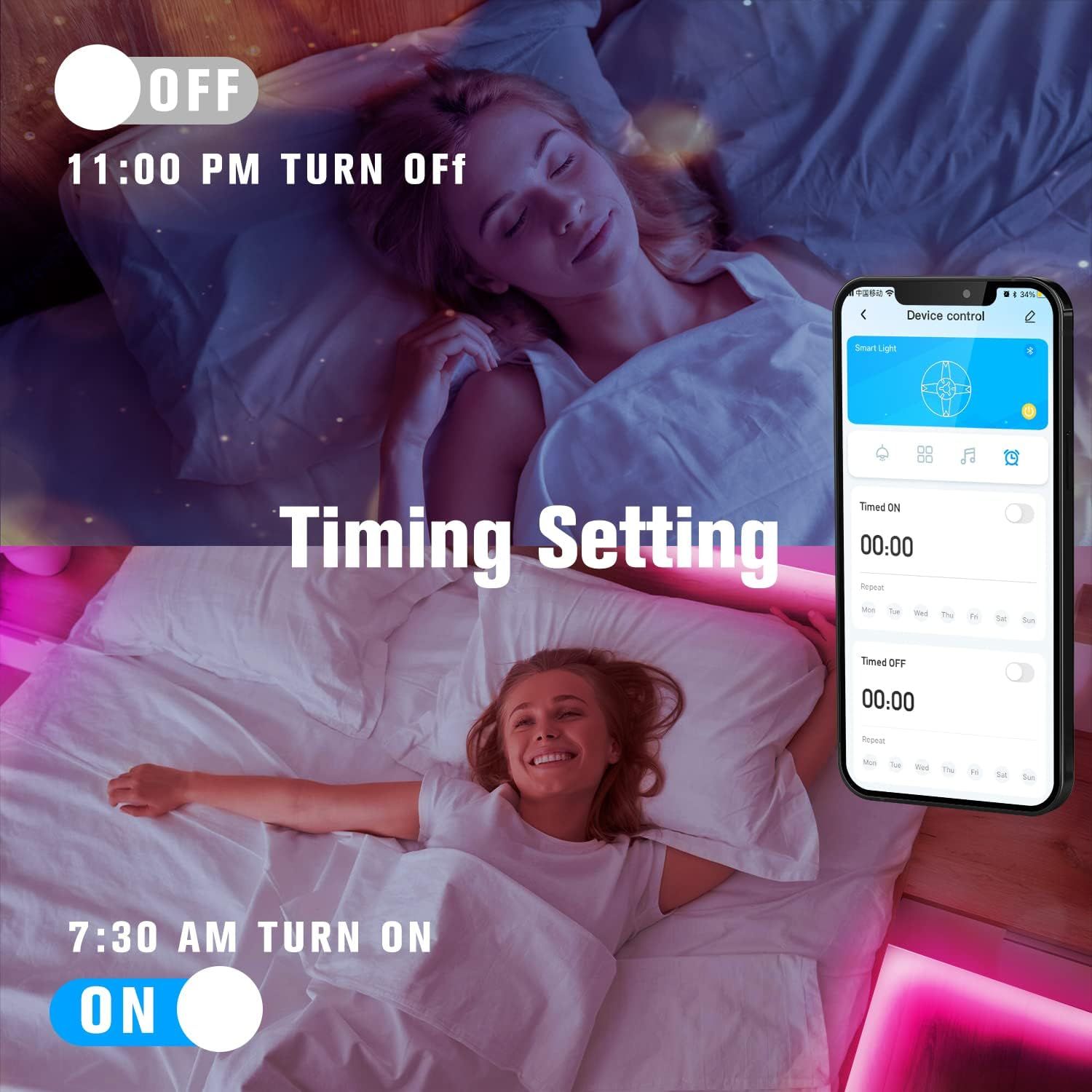 Demonstrates how to use the app's timing feature to schedule automatic on/off times for the smart light, showing the ease of setting up automated lighting for sleep and wake routines. Highlights the…