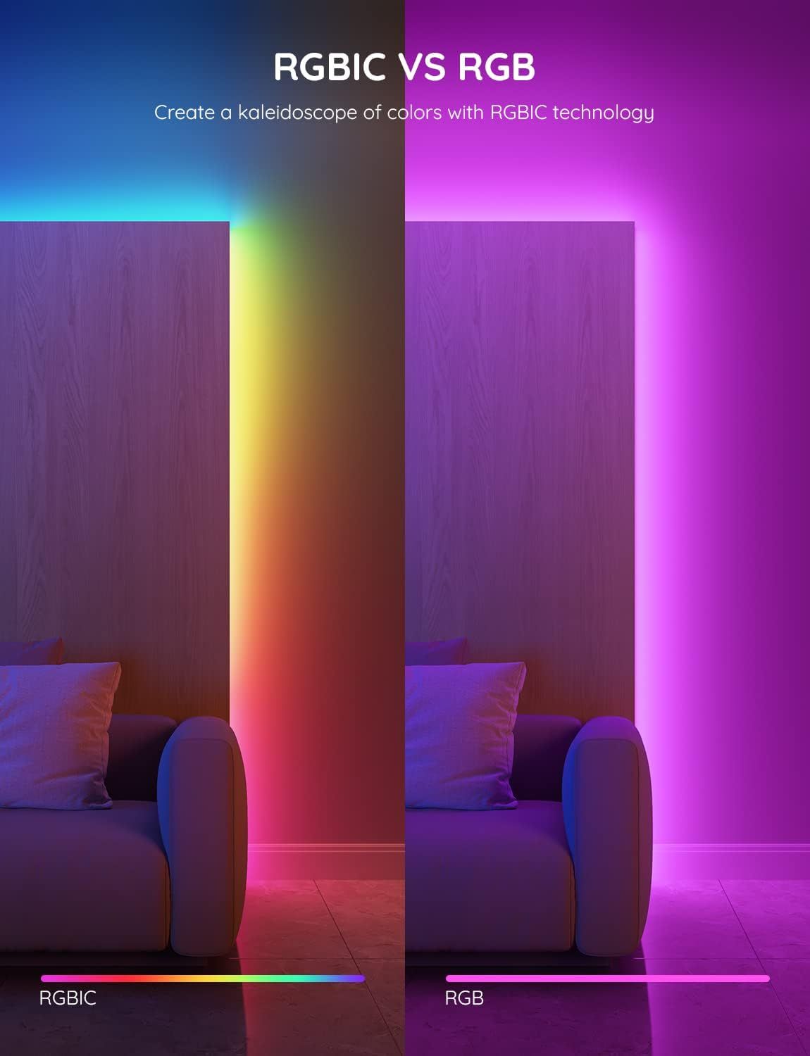 Demonstrates the superior color range and vibrancy of RGBIC technology compared to standard RGB lighting, showing shoppers the enhanced visual experience they can achieve.
