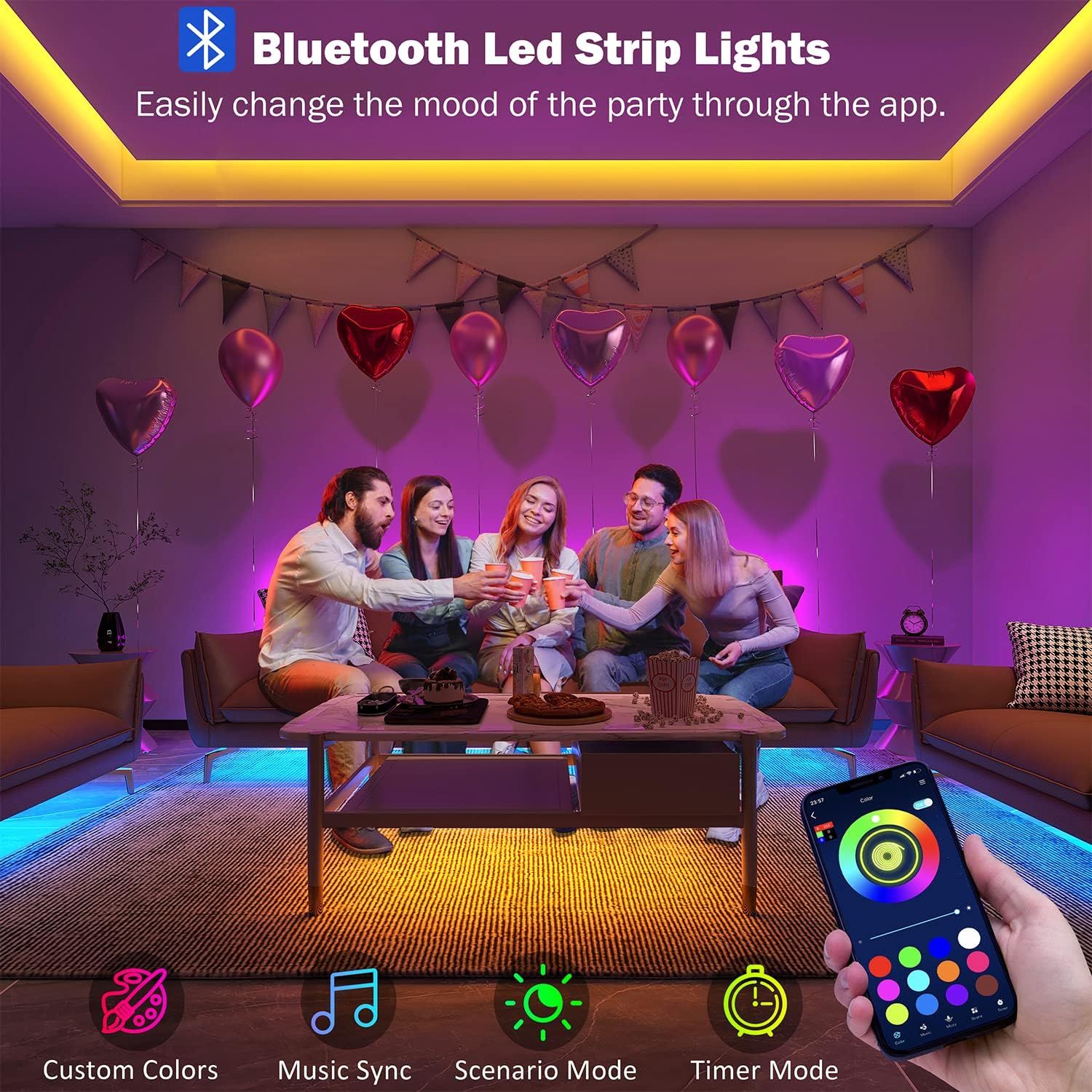 Demonstrates the LED strip lights in a party setting while highlighting multiple control features available through the Bluetooth app, reassuring shoppers of versatile customization options.