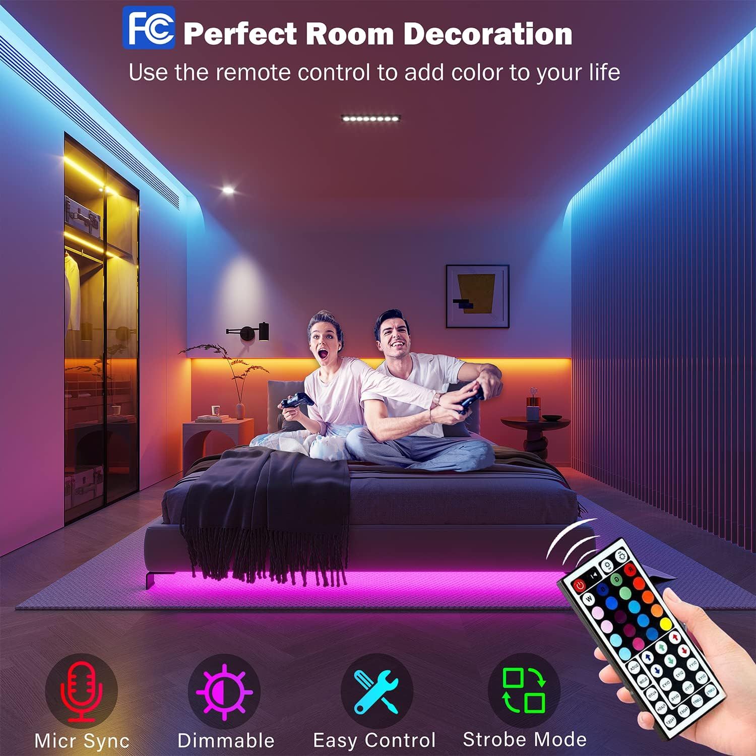 Showcases multiple features of the LED lighting system including music synchronization, dimming capability, remote control operation, and strobe mode to demonstrate the product's versatility and…