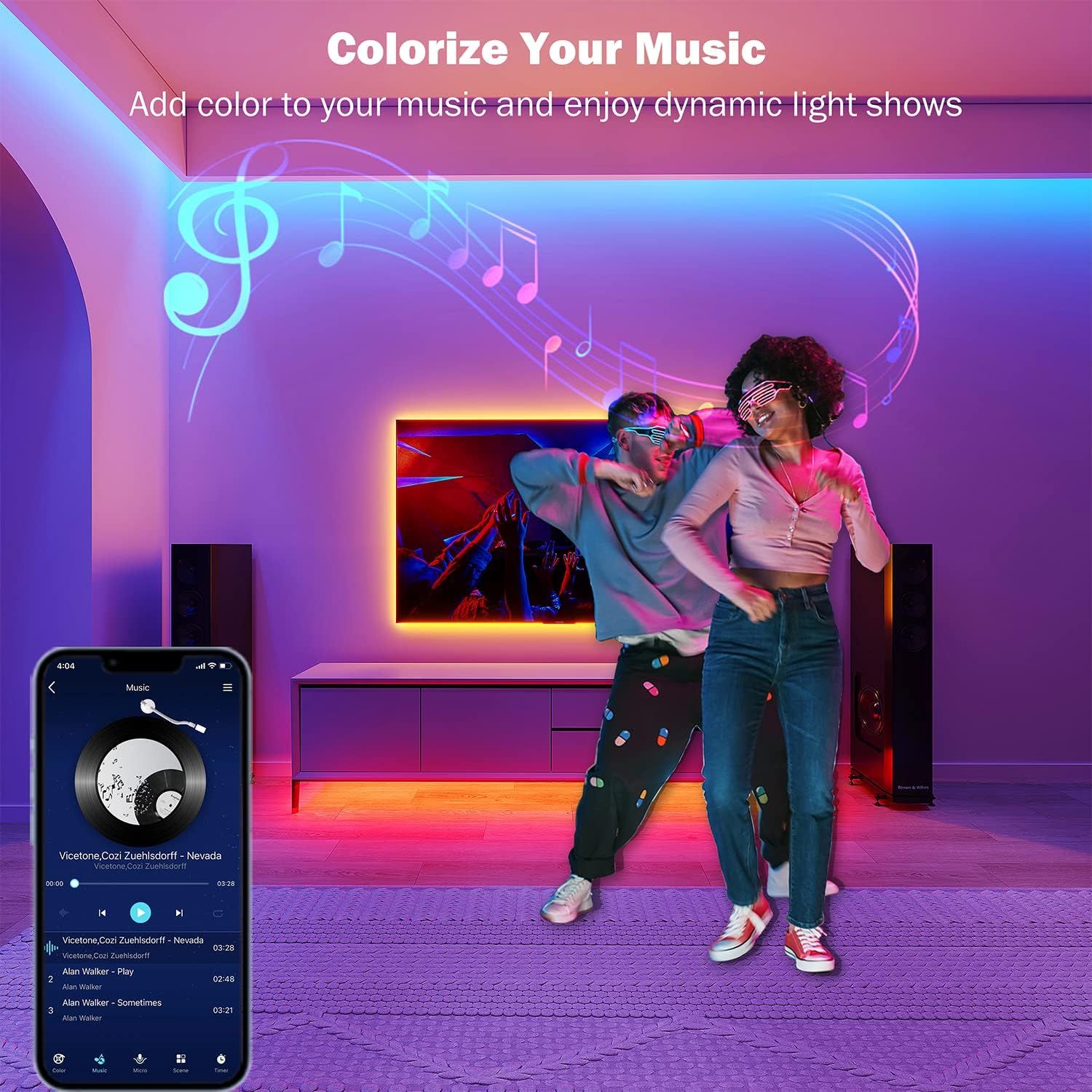 Demonstrates the product's ability to create colorful, music-synchronized ambient lighting effects to enhance the entertainment experience and create an immersive atmosphere.