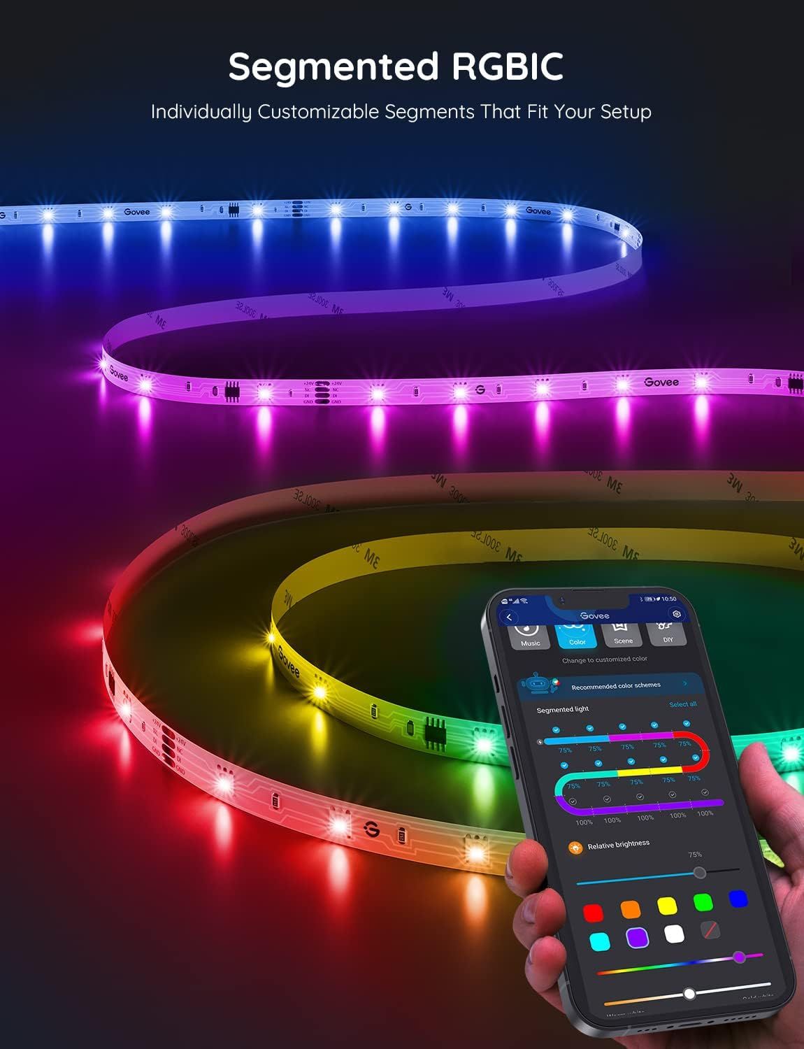 Highlights the product's individually customizable RGB segments that allow users to create personalized lighting effects tailored to their setup, emphasizing flexibility and control via mobile app.