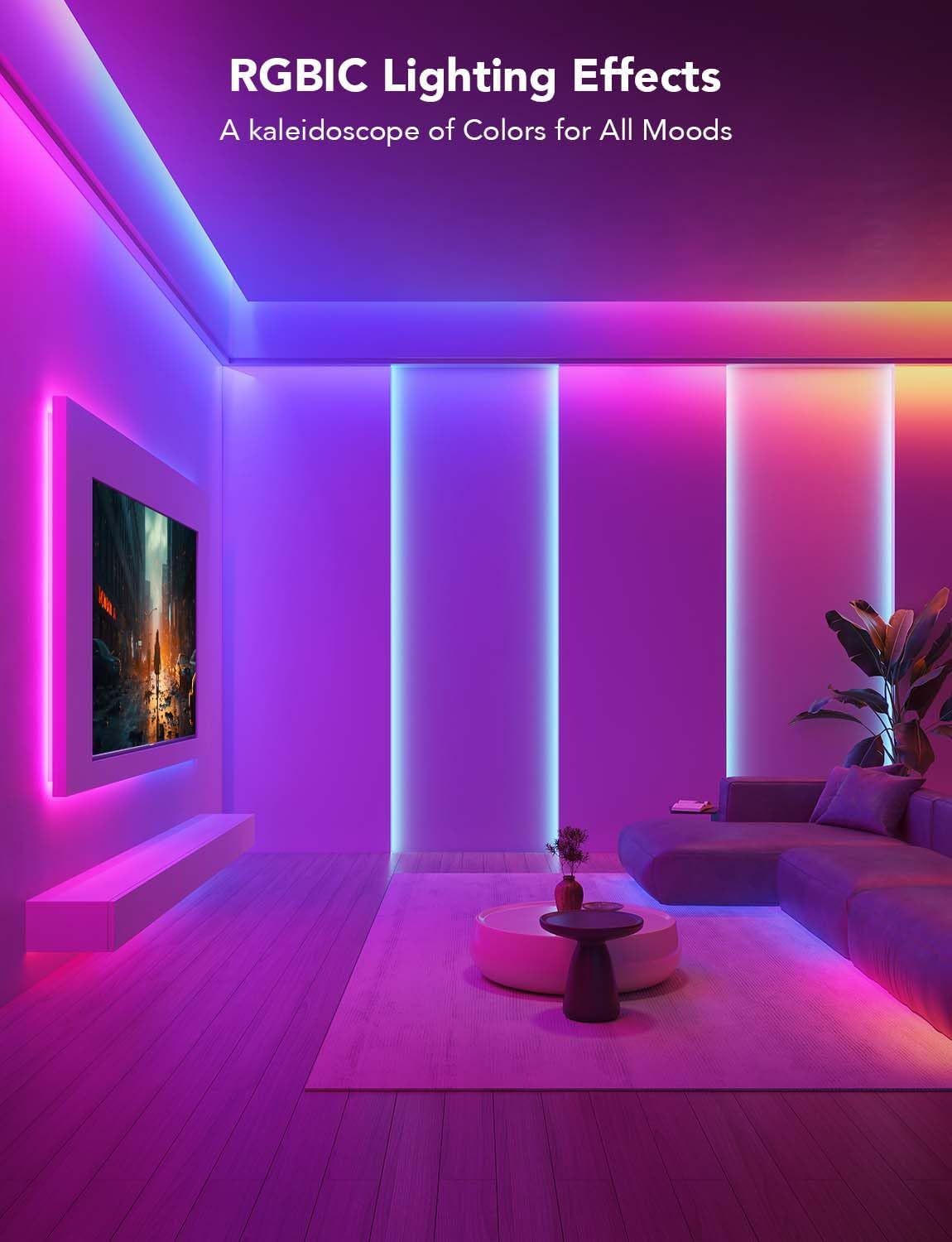 Demonstrates the product's ability to create multiple vibrant color effects throughout a living space, showing shoppers how the lighting can transform their home environment and adapt to different…