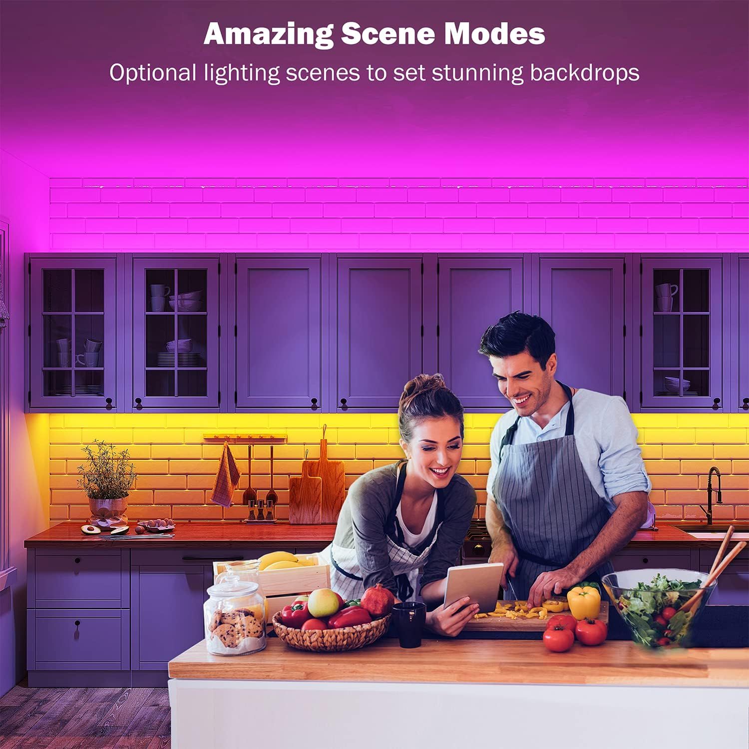 Demonstrates the product's ability to create customizable lighting scenes and stunning ambient backdrops, showing how it can transform a kitchen environment with vibrant purple and yellow lighting…