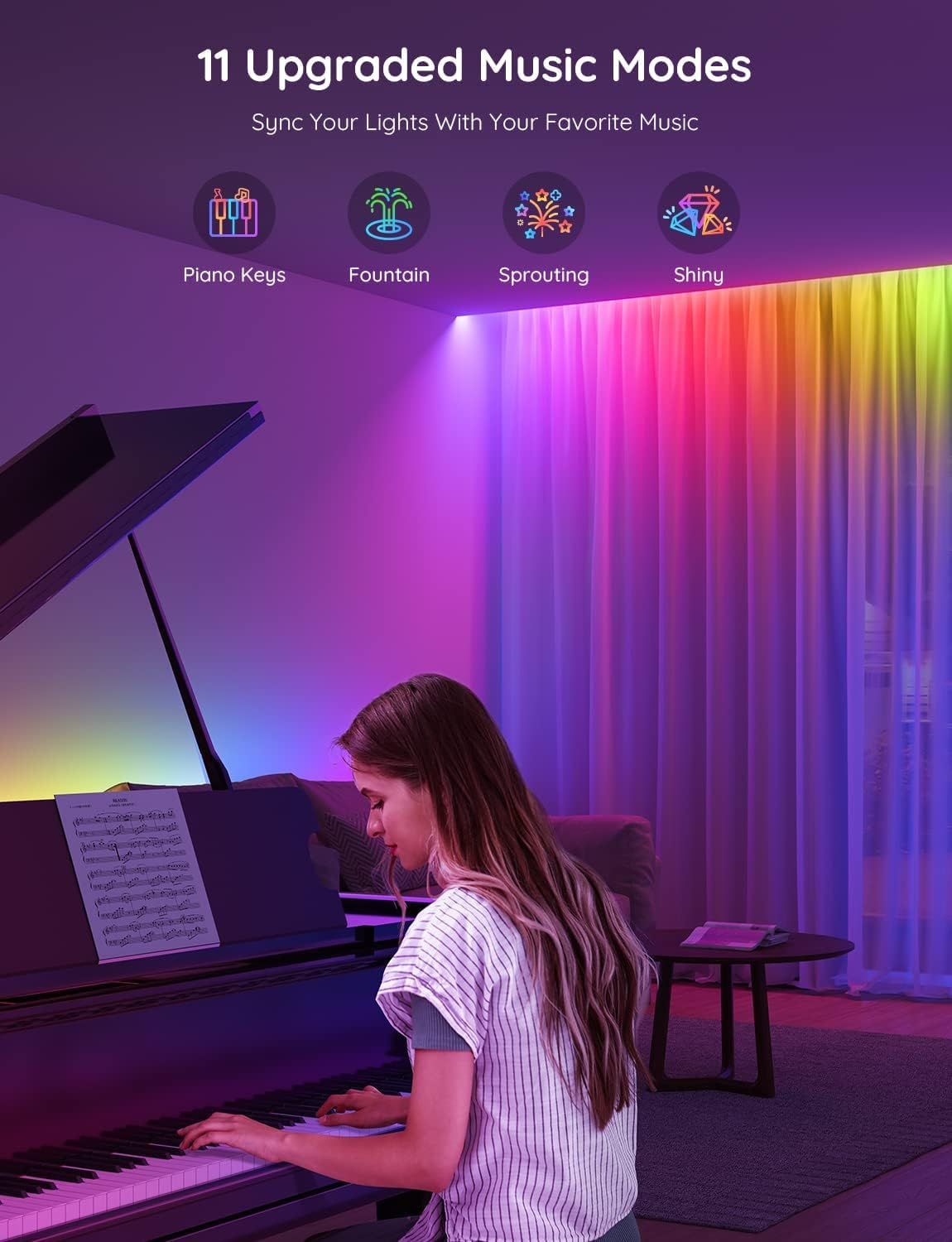 Highlights the product's music synchronization feature with 11 upgraded modes, demonstrating how the smart lighting can react to music to create an immersive entertainment experience.