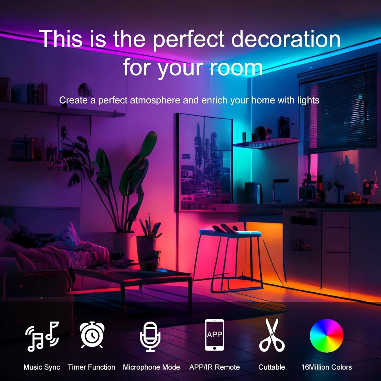 Showcases multiple distinct features of the LED lighting product in a segmented icon layout to demonstrate versatility and functionality, reassuring shoppers of the product's comprehensive…