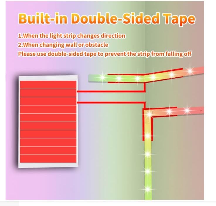 Instructs shoppers on when and how to use the built-in double-sided tape to secure LED light strips at direction changes and obstacles, preventing the strip from falling off. Highlights the…