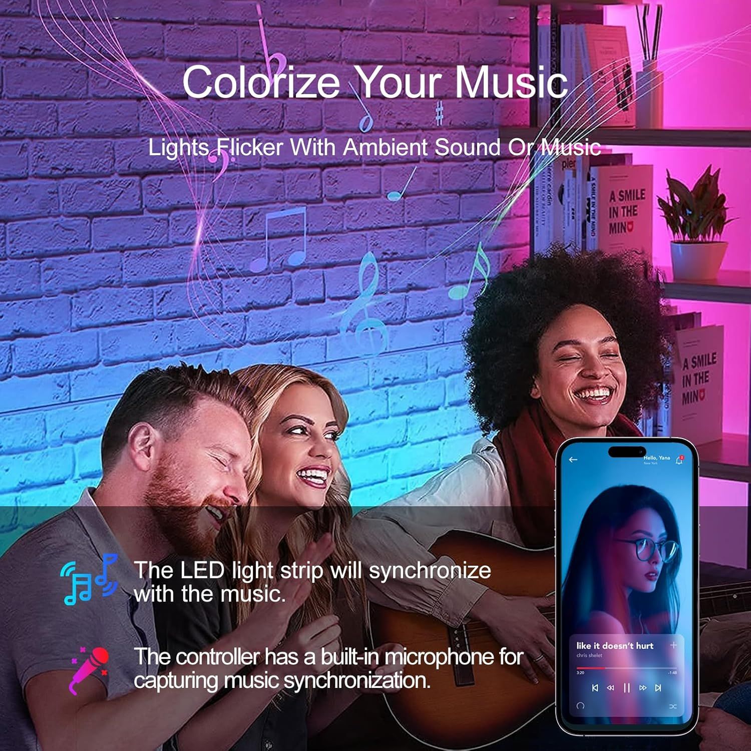 Communicates that the LED light strip syncs with music and includes a controller with a built-in microphone for capturing ambient sound, emphasizing the product's interactive entertainment features.