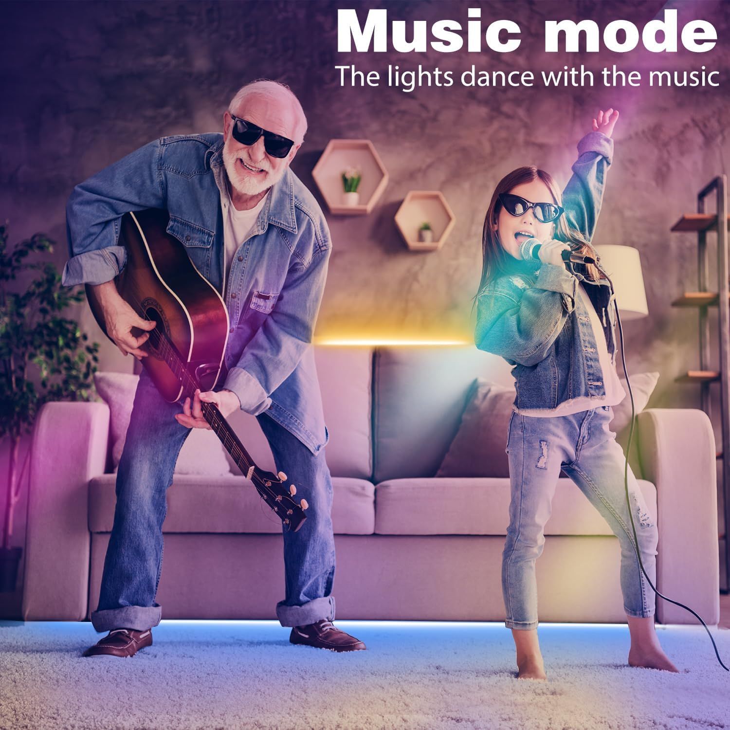Demonstrates the product's music-reactive lighting feature, showing how the lights create an entertaining, dynamic atmosphere that responds to music, appealing to shoppers looking for fun,…