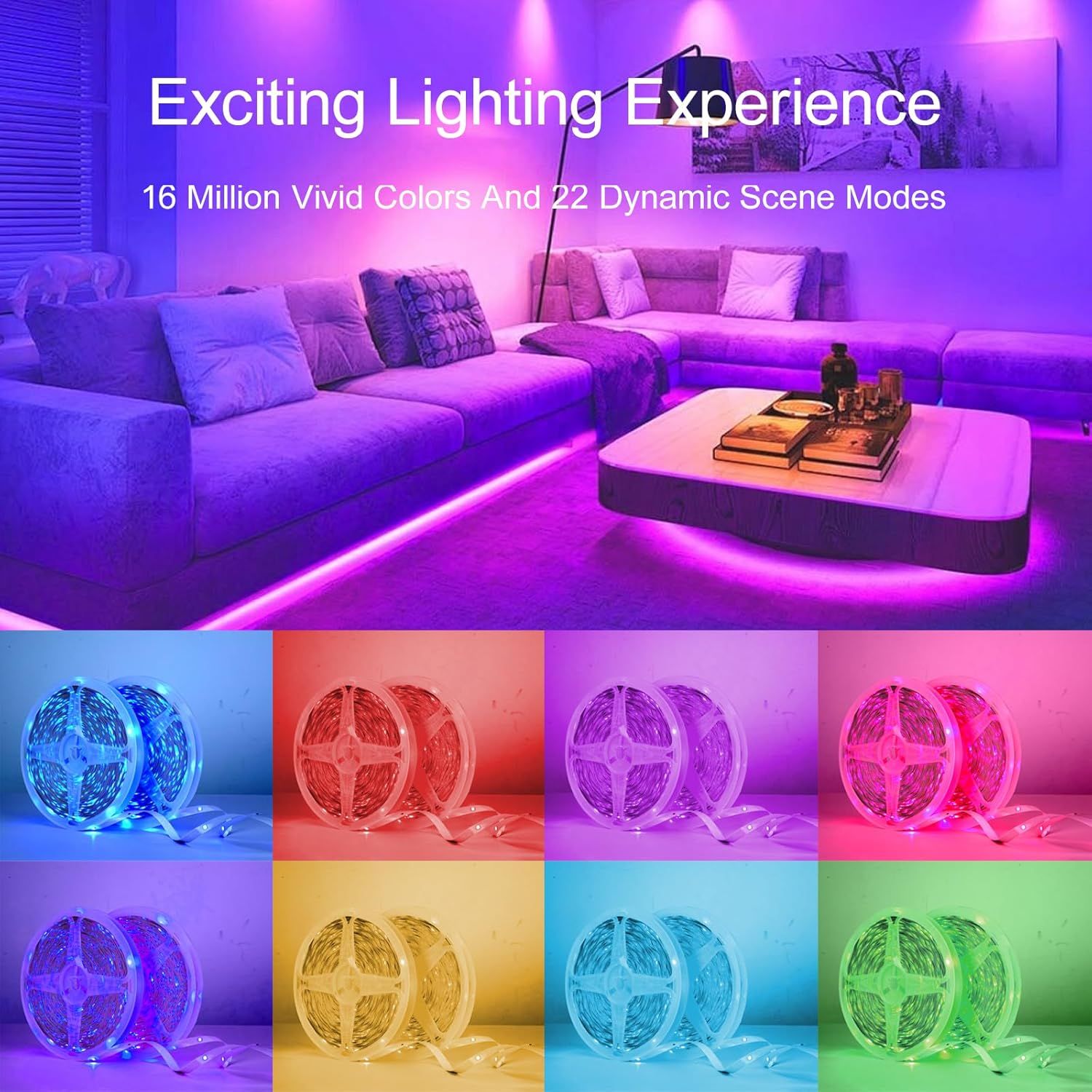 Demonstrates the LED strip lighting product's versatility and customization options by showcasing multiple vivid color options and dynamic scene capabilities to help shoppers visualize the exciting…