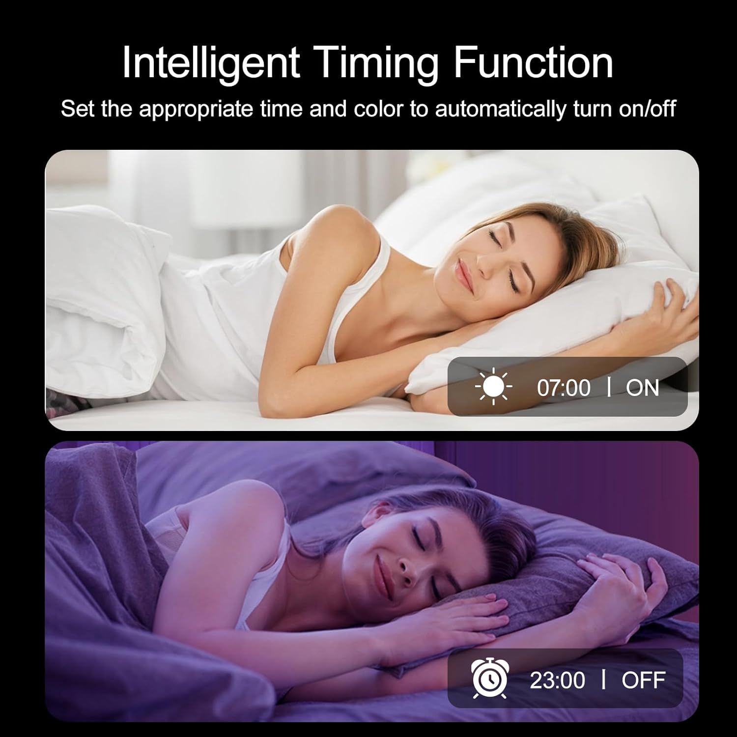 Demonstrates the product's smart timer feature that allows users to schedule automatic on/off times and color settings, emphasizing convenience and automation for daily routines like waking up and…