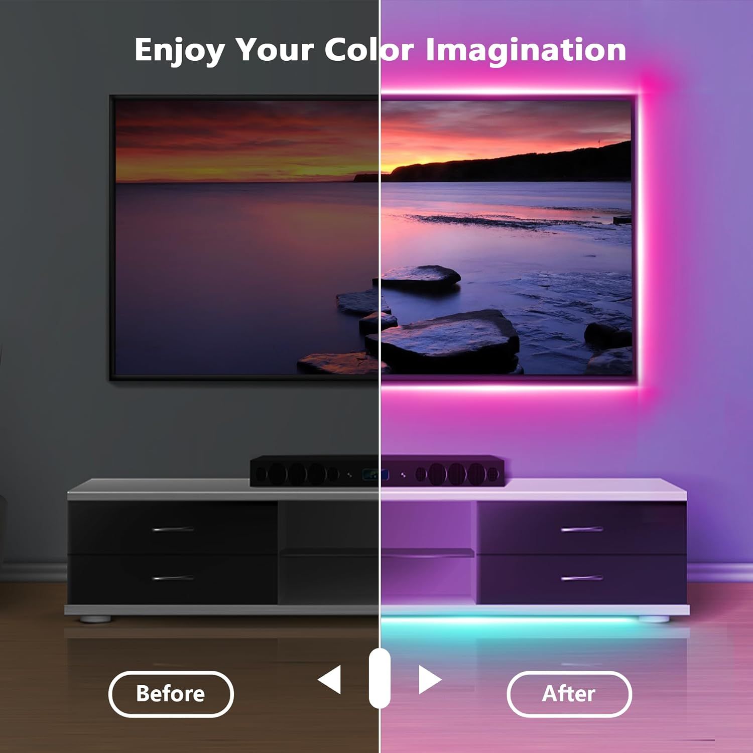 Demonstrates the visual transformation of a room when the product's LED backlighting feature is activated, showing enhanced ambiance and color vibrancy to convince shoppers of the aesthetic upgrade.