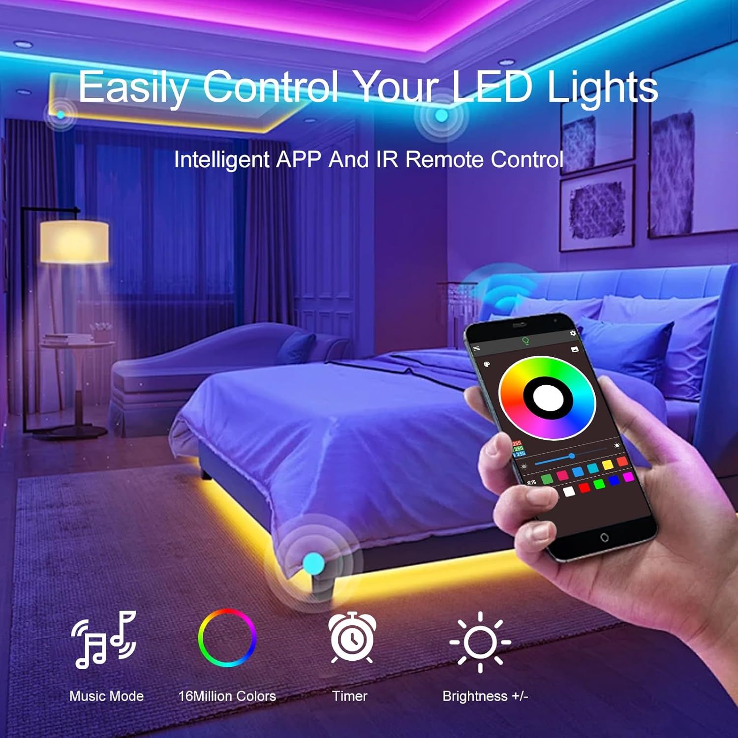 Demonstrates the multiple control features and customization options available for the LED lights, reassuring shoppers of the product's versatility and ease of use through app and remote control.