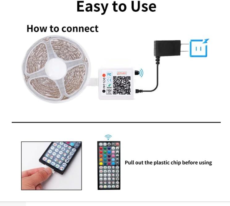 Demonstrates how to connect and set up the LED strip light system, including plugging in the controller and preparing the remote control for use. Reassures shoppers that the product is simple to set…