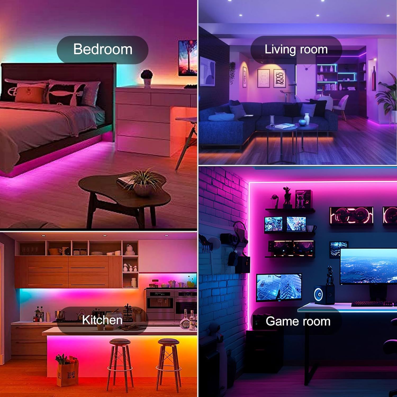Demonstrates the versatility of the LED lighting product by showing it installed and working effectively in four different room types, reassuring shoppers that it can be used throughout their entire…