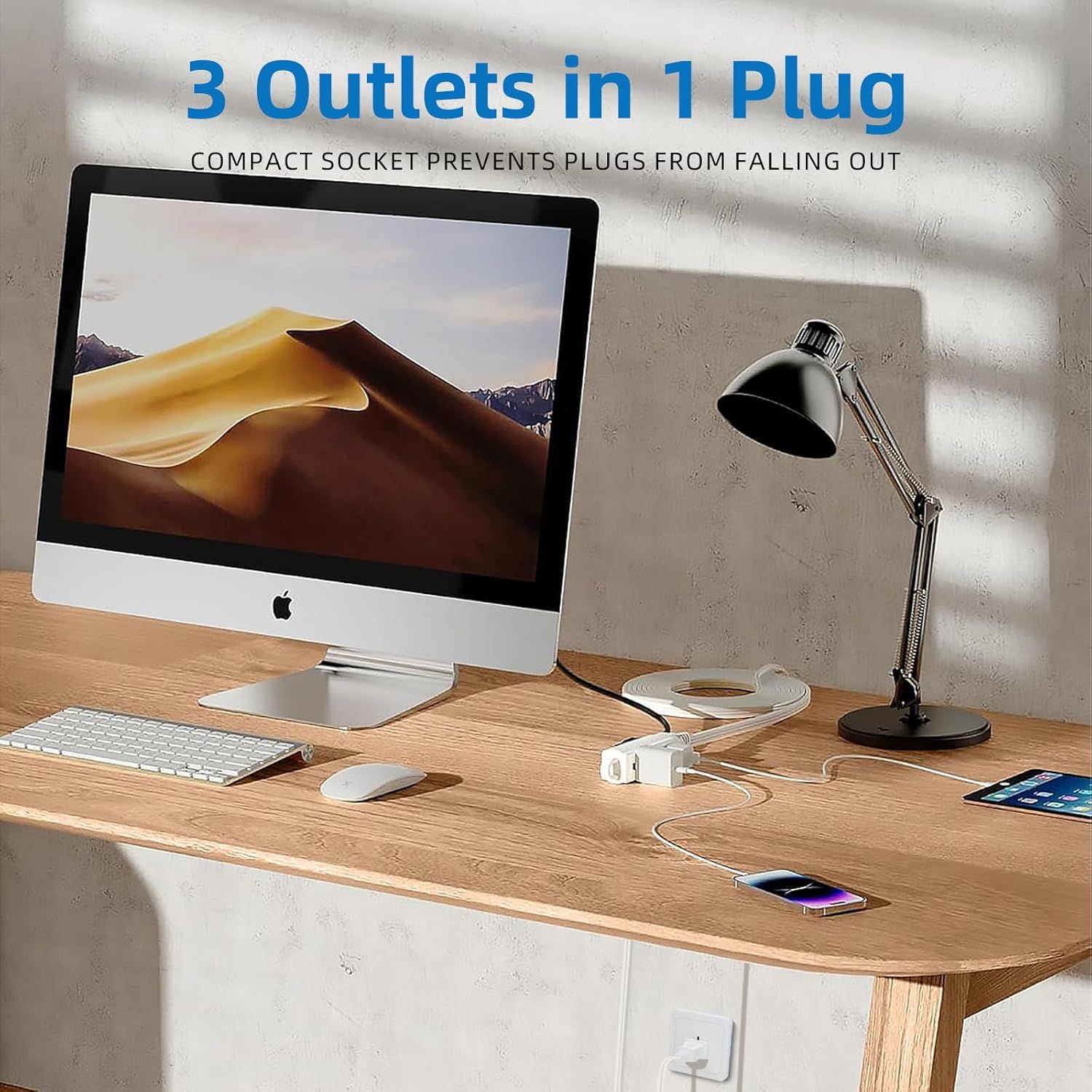 Communicates the product's capacity to expand one outlet into three, emphasizing convenience and space-saving functionality for shoppers with multiple devices. Highlights the compact design and…