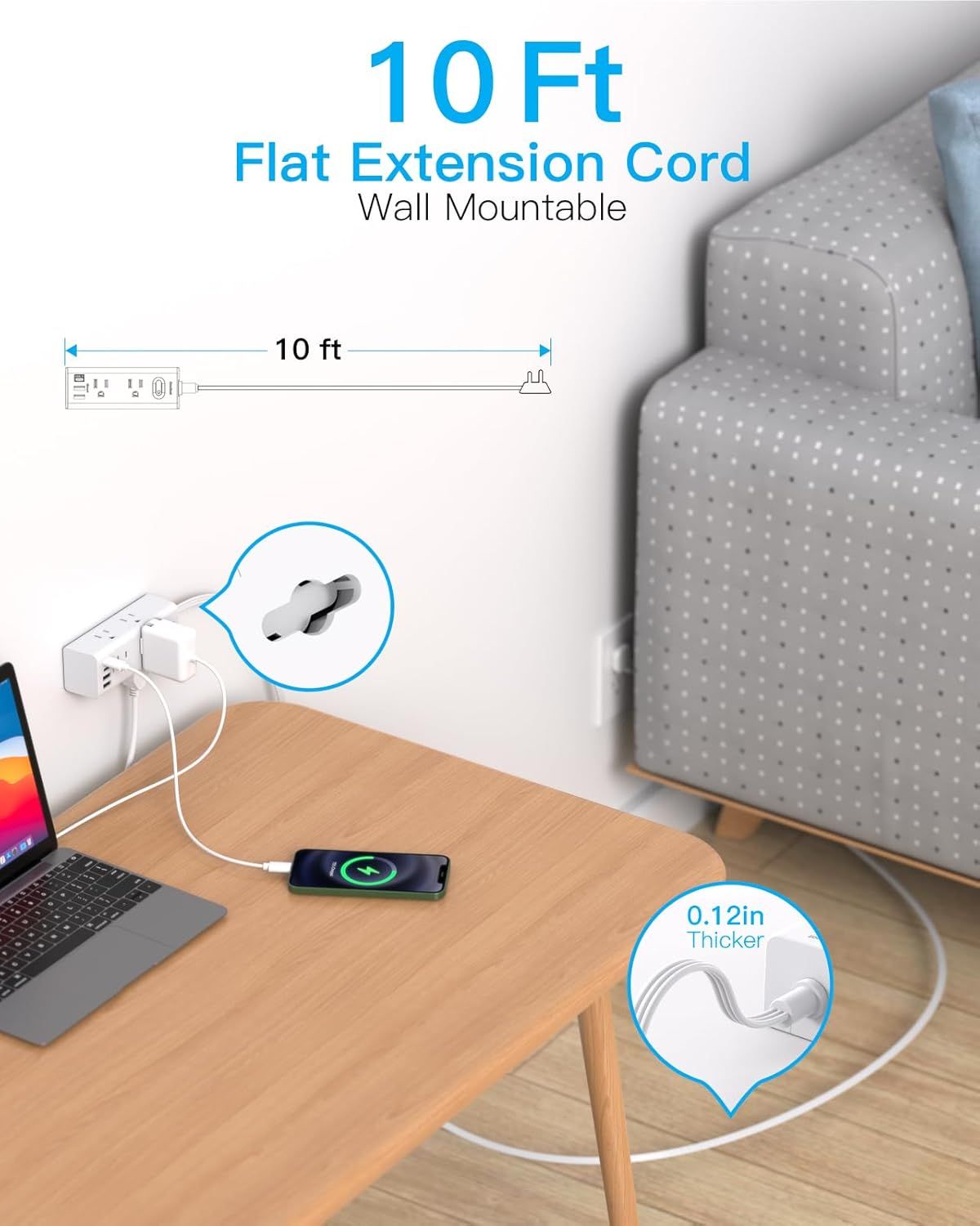 Communicates multiple key benefits of the extension cord: its 10-foot reach, wall-mountable convenience, and ultra-thin flat design that makes it easy to route and install.
