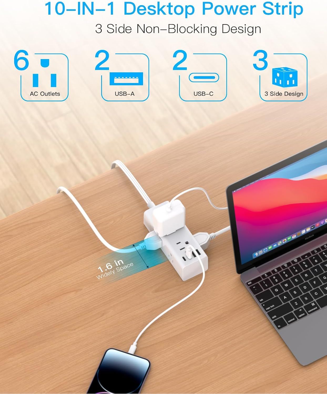 Communicates the power strip's versatility and convenience by highlighting multiple key features: the total number of outlets (6 AC, 2 USB-A, 2 USB-C), the 3-sided non-blocking design, and the…