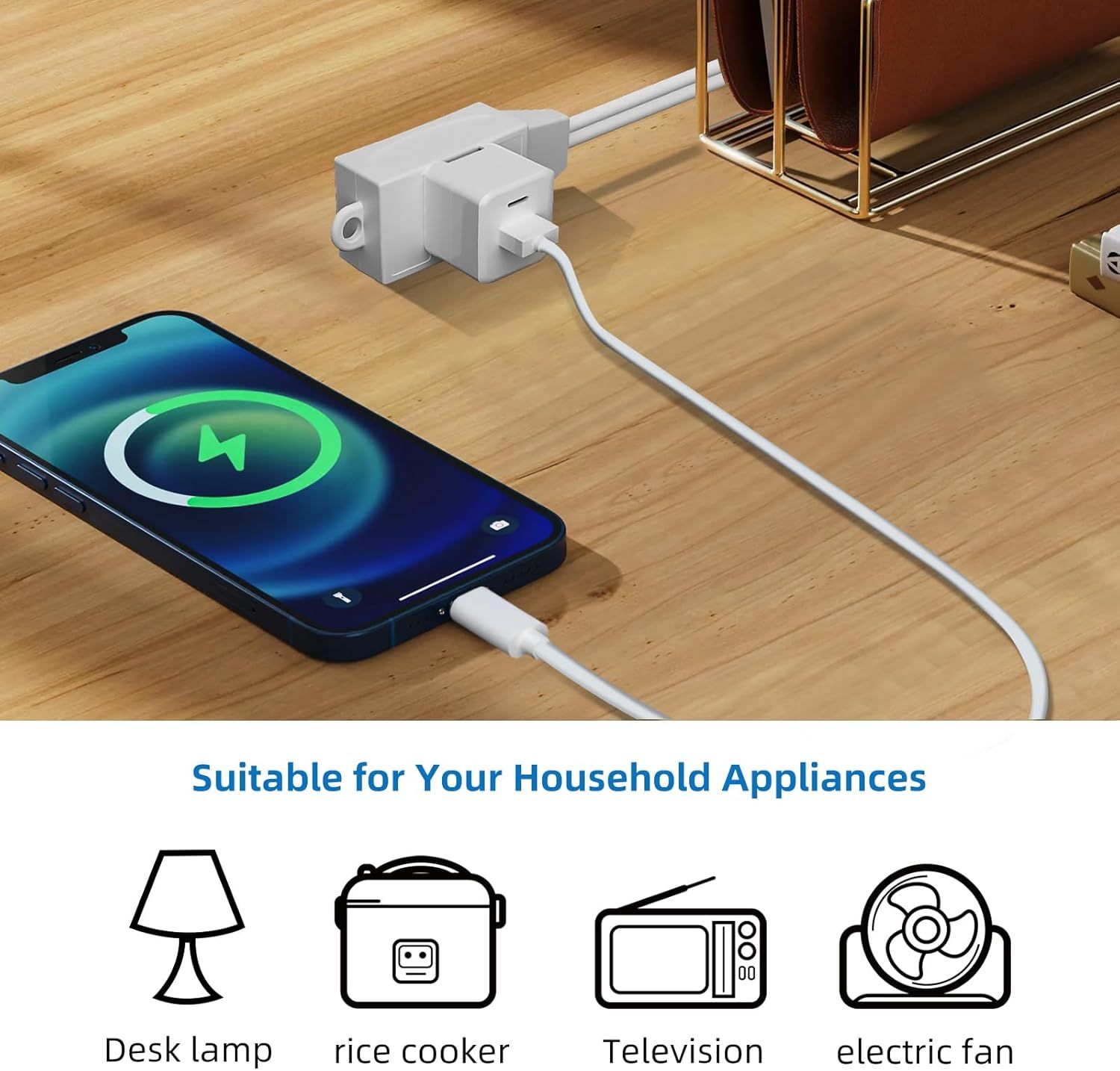 Demonstrates the versatility of the charging adapter by showing it can power multiple household appliances (desk lamp, rice cooker, television, electric fan), reassuring shoppers of its broad…