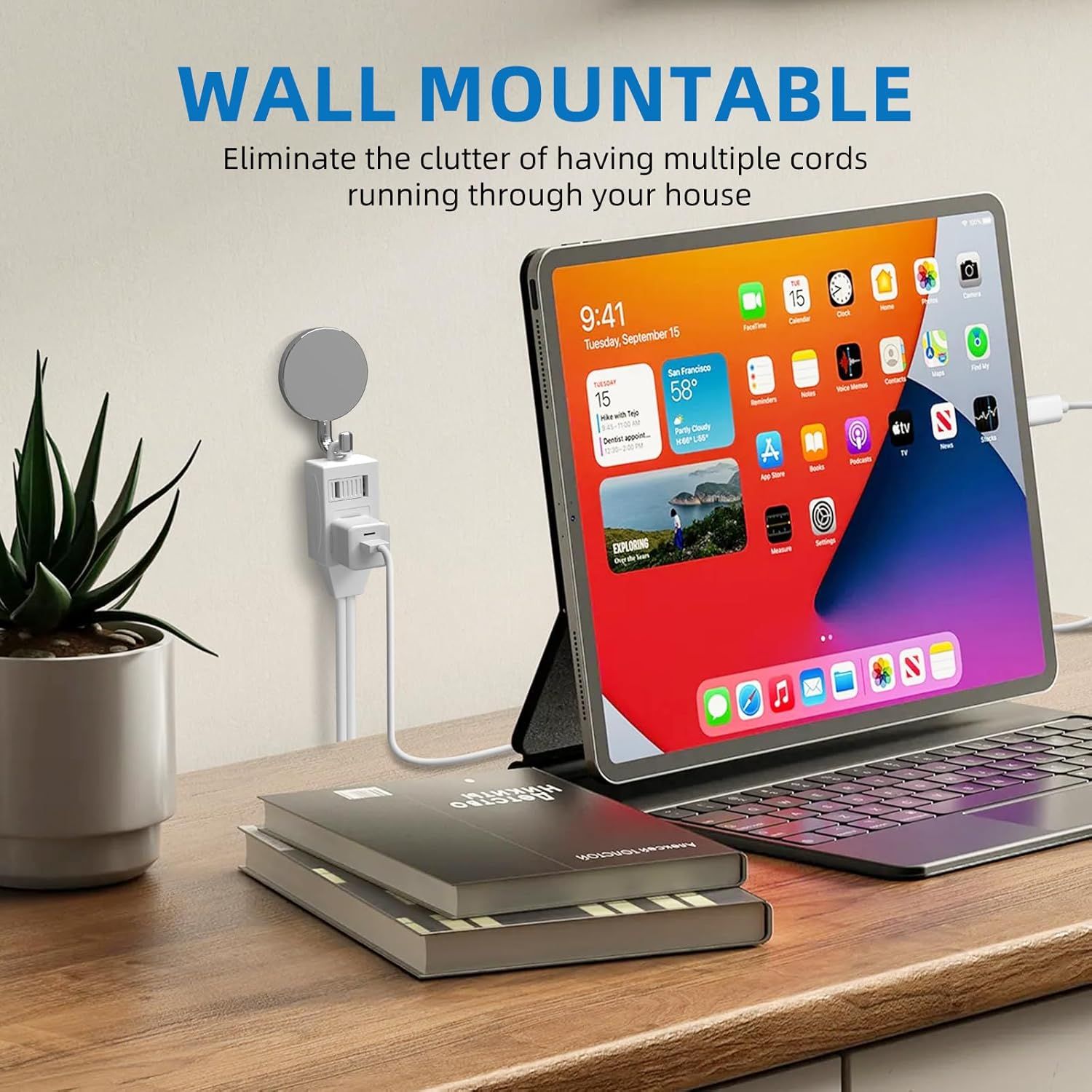 Highlights the wall-mountable design to communicate the benefit of eliminating cord clutter and creating a cleaner, more organized workspace.