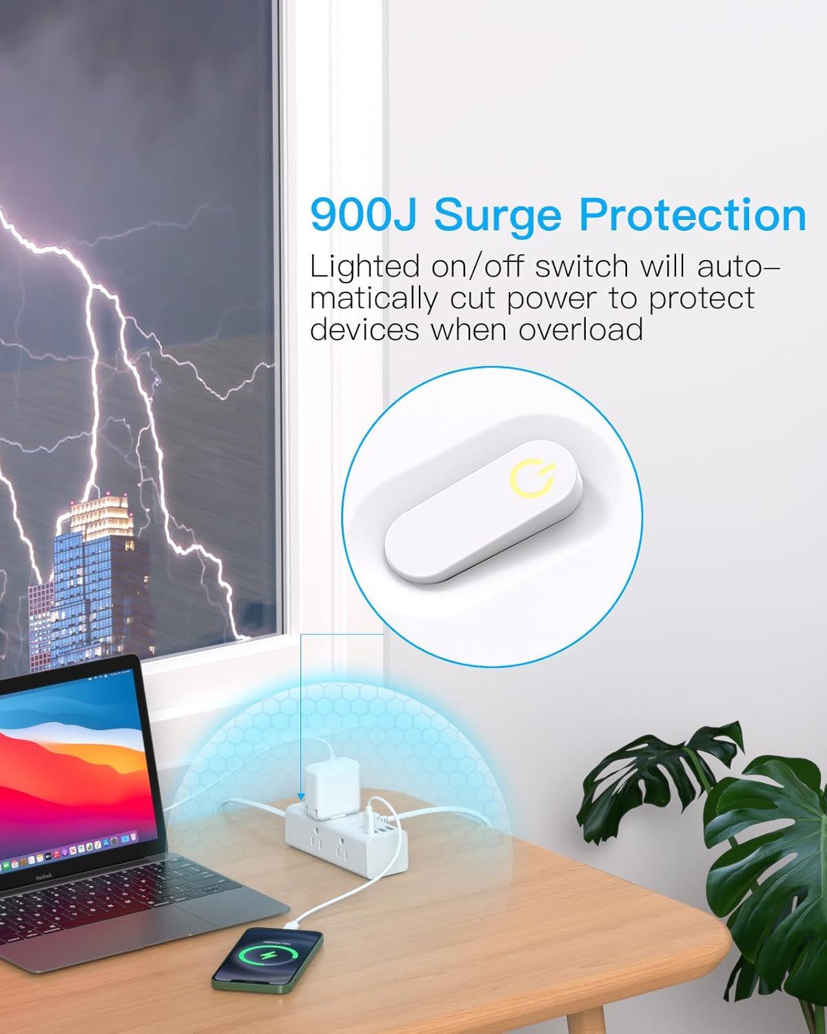 Communicates the product's surge protection capability and automatic power cutoff feature to reassure shoppers that their devices will be protected during electrical overloads or storms.
