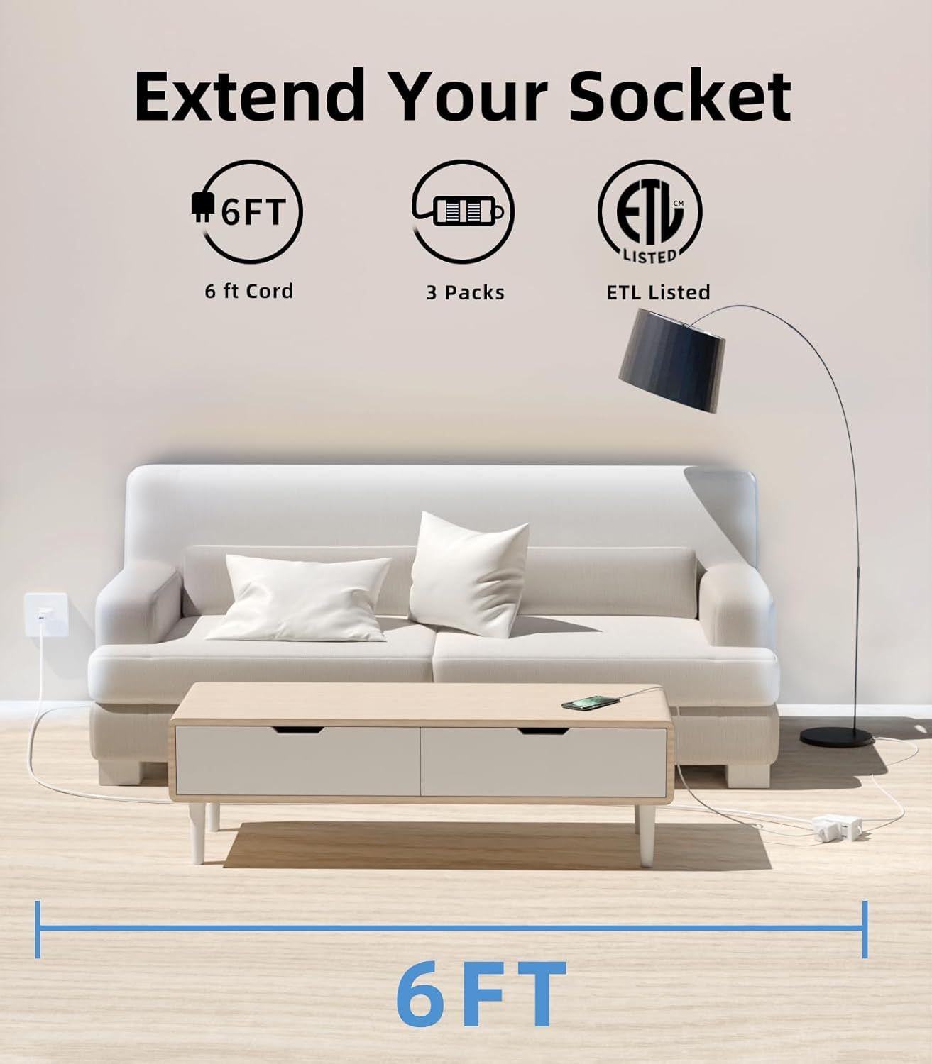 Communicates multiple key product features including cord length, pack quantity, and safety certification to help shoppers understand the value and specifications of the extension cord product.