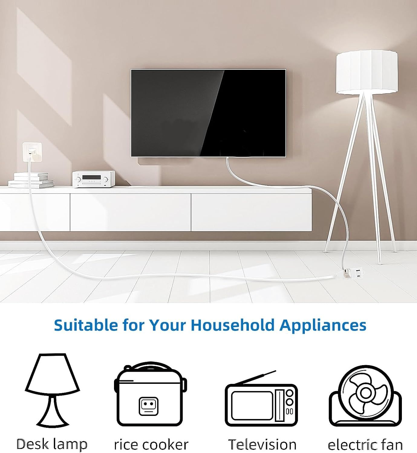 Demonstrates the product's versatility by showing it can be used with multiple household appliances including desk lamps, rice cookers, televisions, and electric fans.
