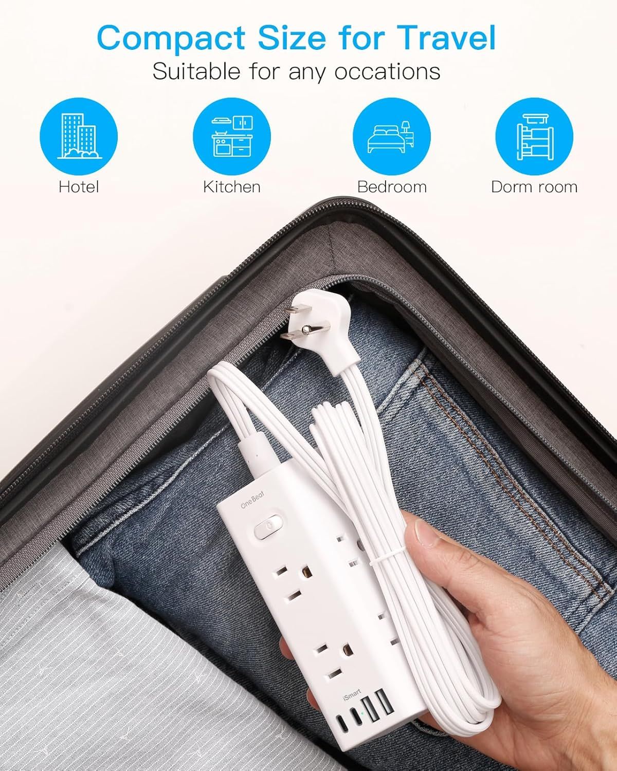 Demonstrates the product's versatility by showing it can be used in multiple locations (hotel, kitchen, bedroom, dorm room), emphasizing its compact, travel-friendly design for various occasions.…
