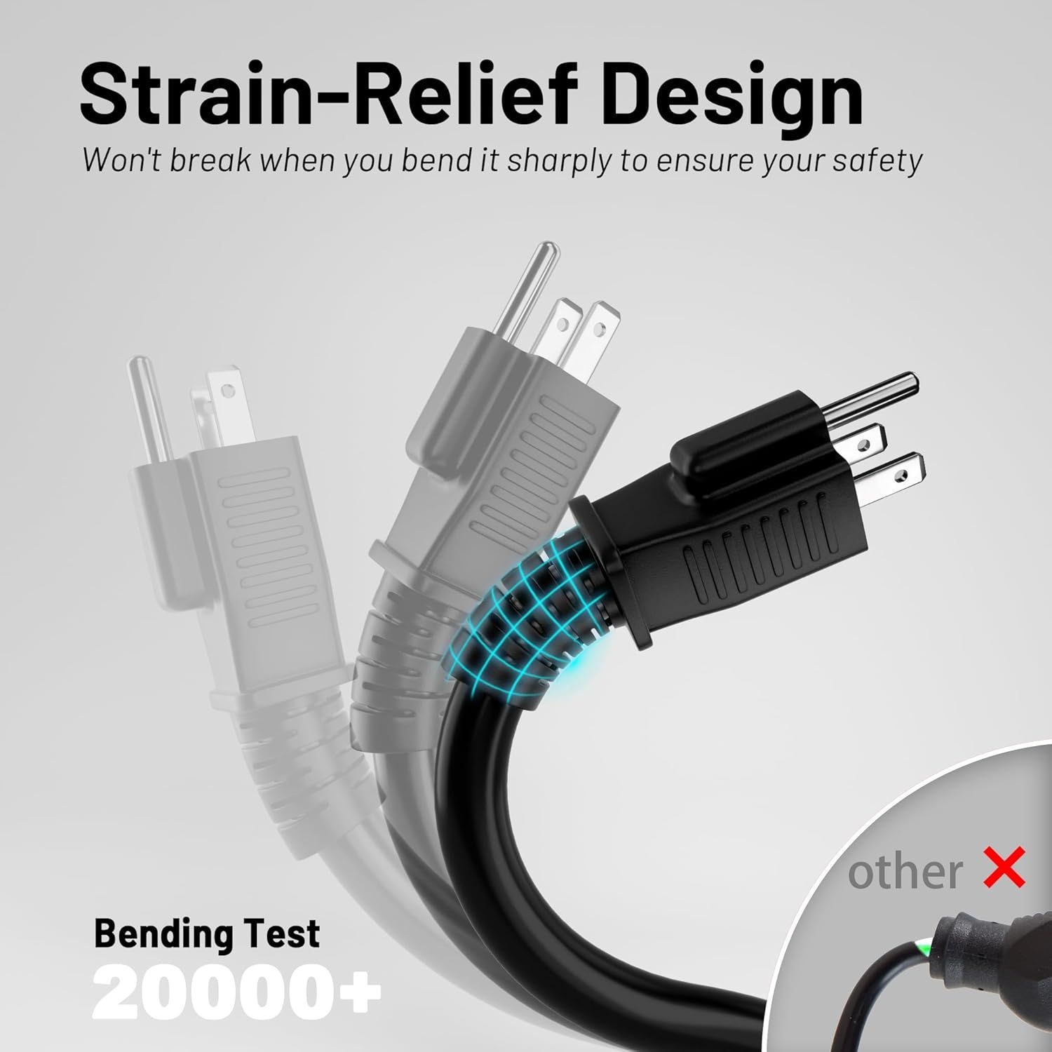 Communicates that the product features a strain-relief design that prevents breakage when bent sharply, emphasizing safety and durability for the shopper.