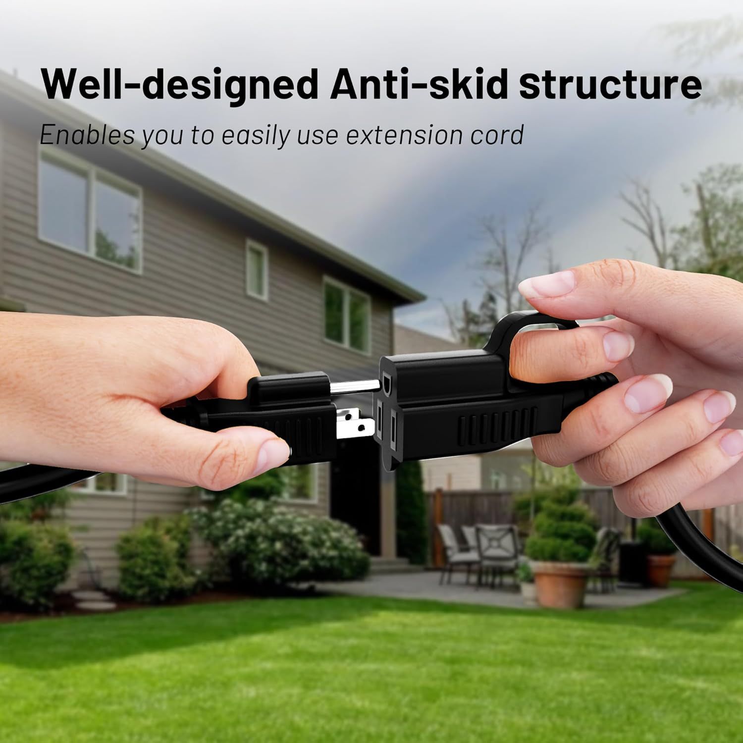 Highlights the anti-skid design of the extension cord connector to reassure shoppers that it provides secure, easy-to-use connectivity without slipping during use.
